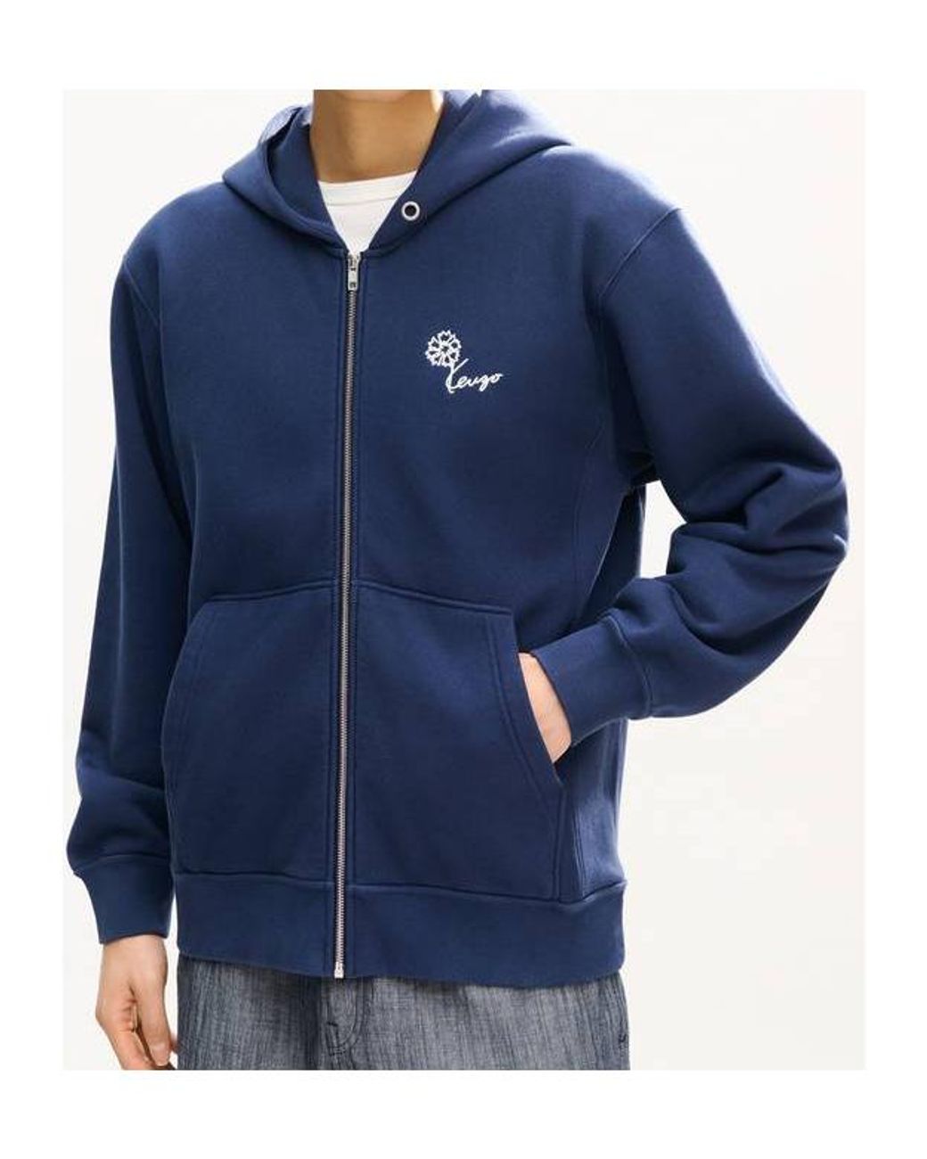 KENZO Blue Tulip Embroidered Zip Up Hoodie for men