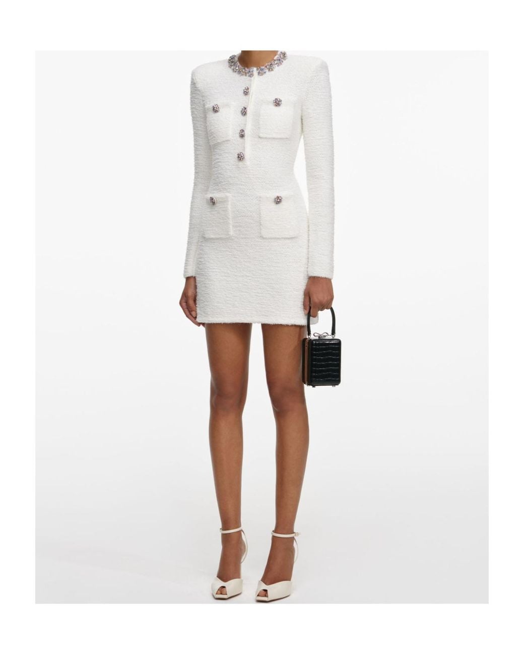 Self-Portrait White Trim Embellished Knit Mini Dress