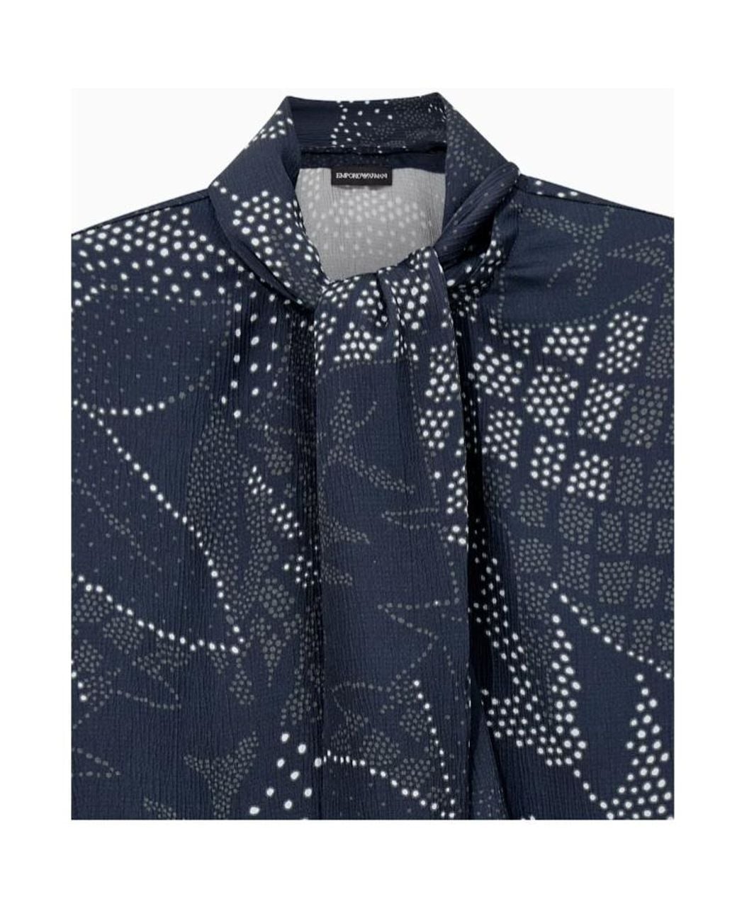 Emporio Armani Blue Creponne Shirt With Dotted Floral Print And A Neck Tie
