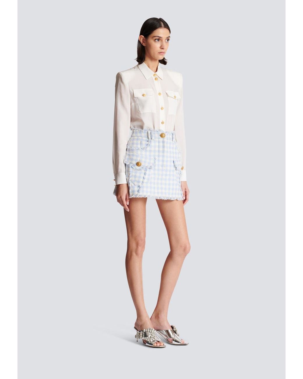 Balmain White Gingham Tweed A-Line Skirt