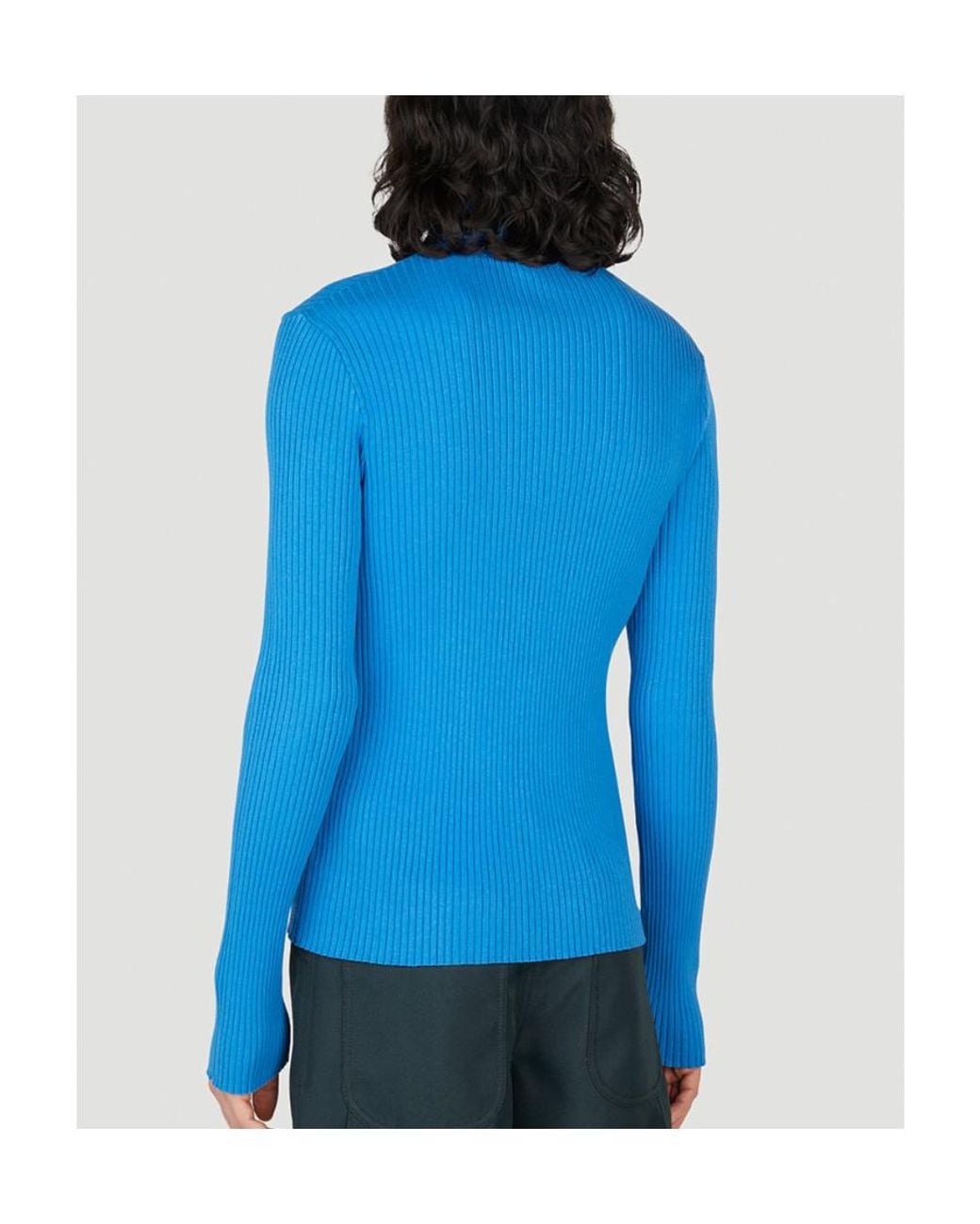 Courreges Blue Ribbed-Knit Mock-Neck Jumper for men
