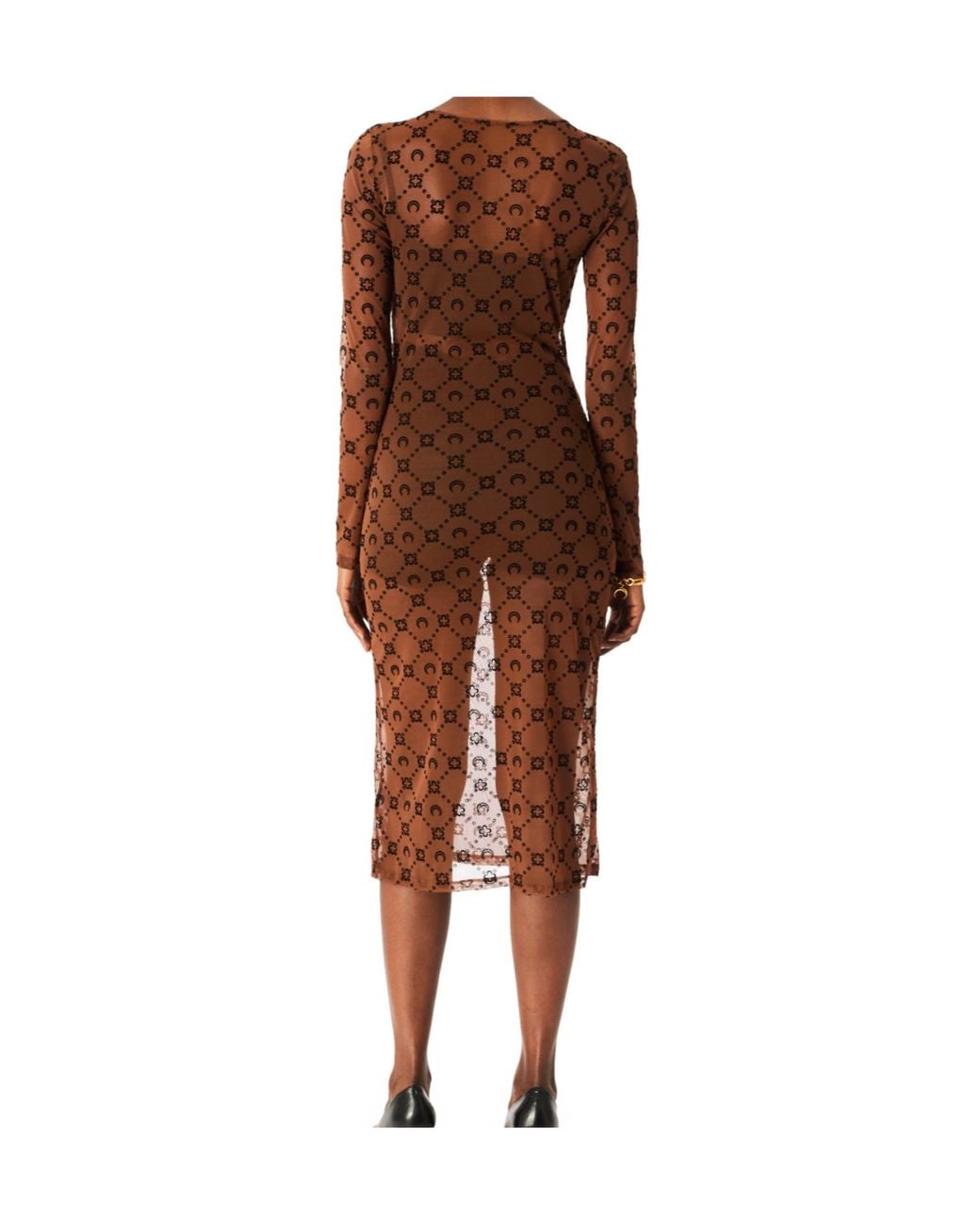 MARINE SERRE Brown Moonogram Mesh Flock Long Sleeves Midi Crewneck Dress