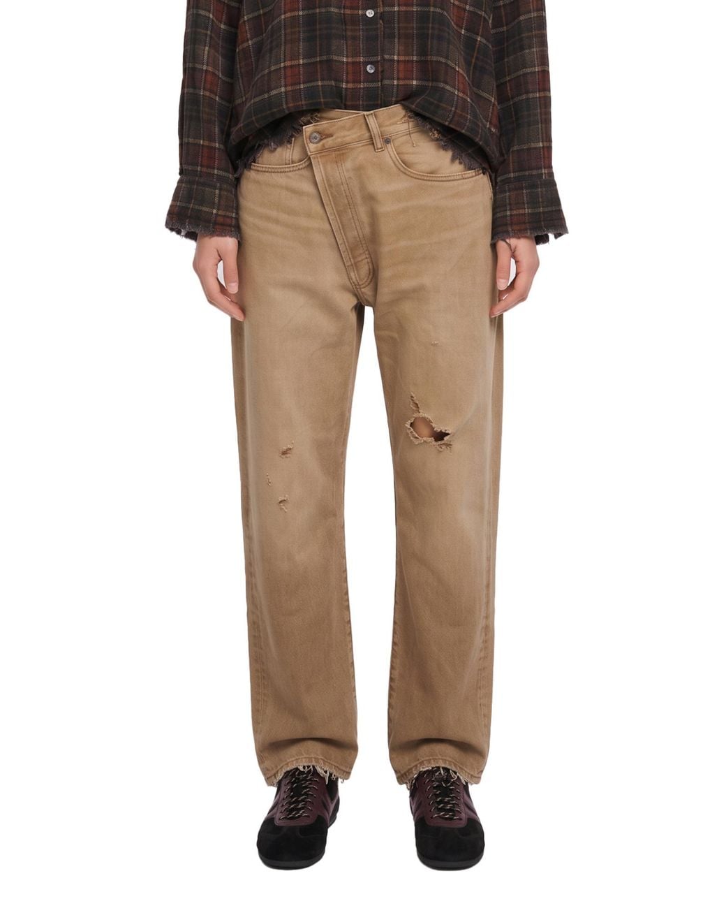 R13 Natural Crossover Distressed Crossover-Waist Jeans