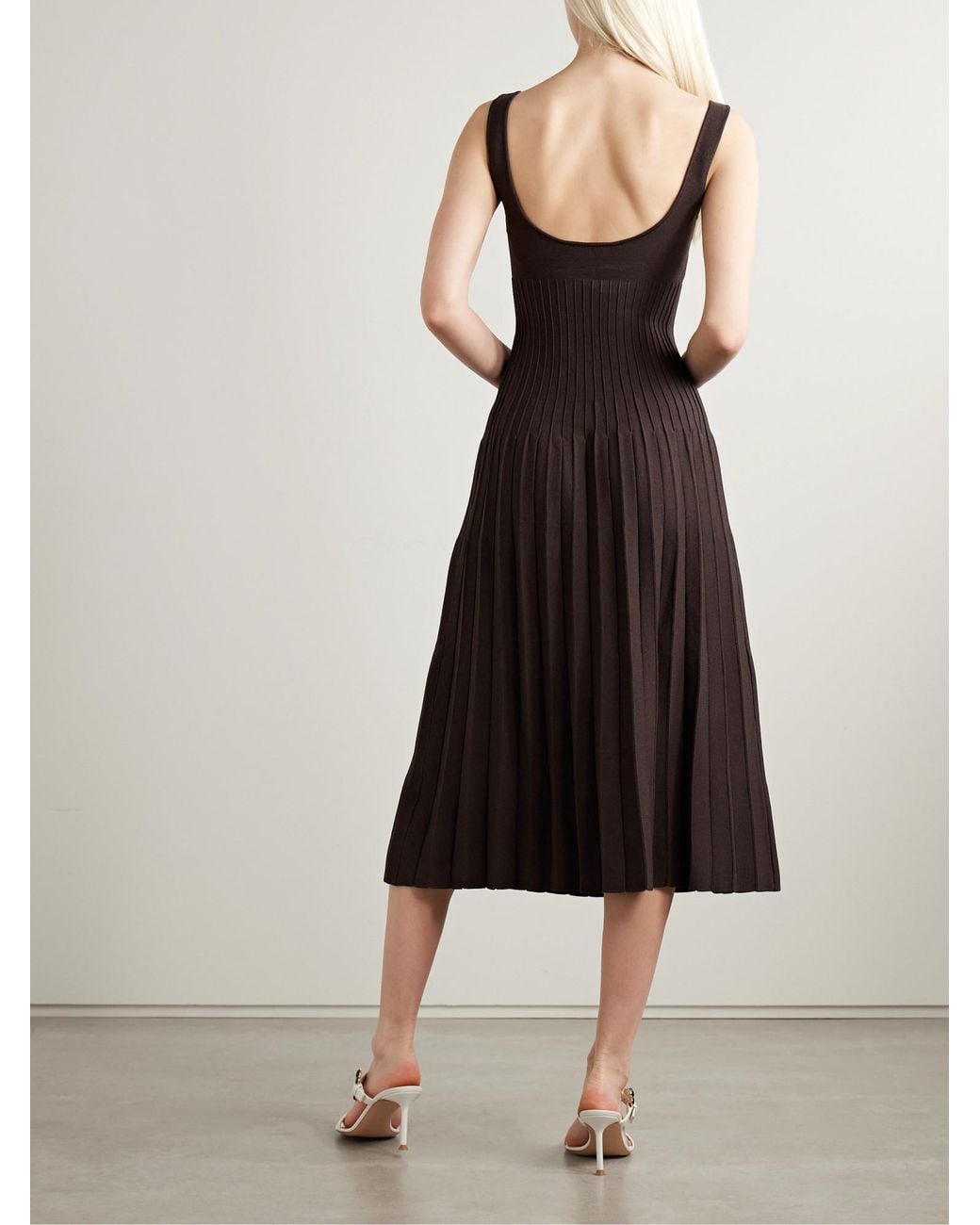 Staud Brown Pleated Ribbed-Knit Midi Dress
