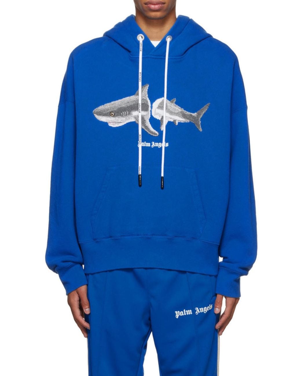 Palm Angels Blue Shark Logo Drawstring Hoodie for men