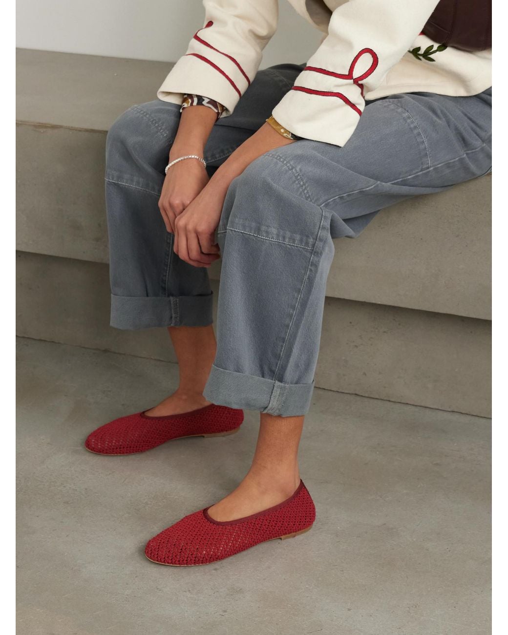 Staud Red Grosgrain-Trimmed Crocheted Ballet Flats