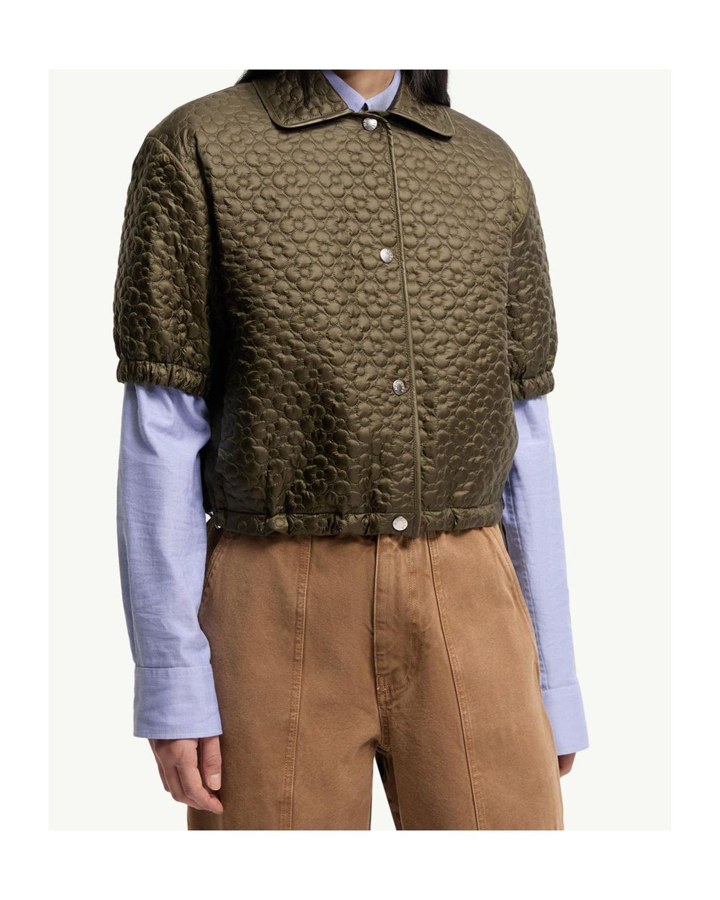 Moncler Green Floral-Quilted Padded Short Sleeve Shirt