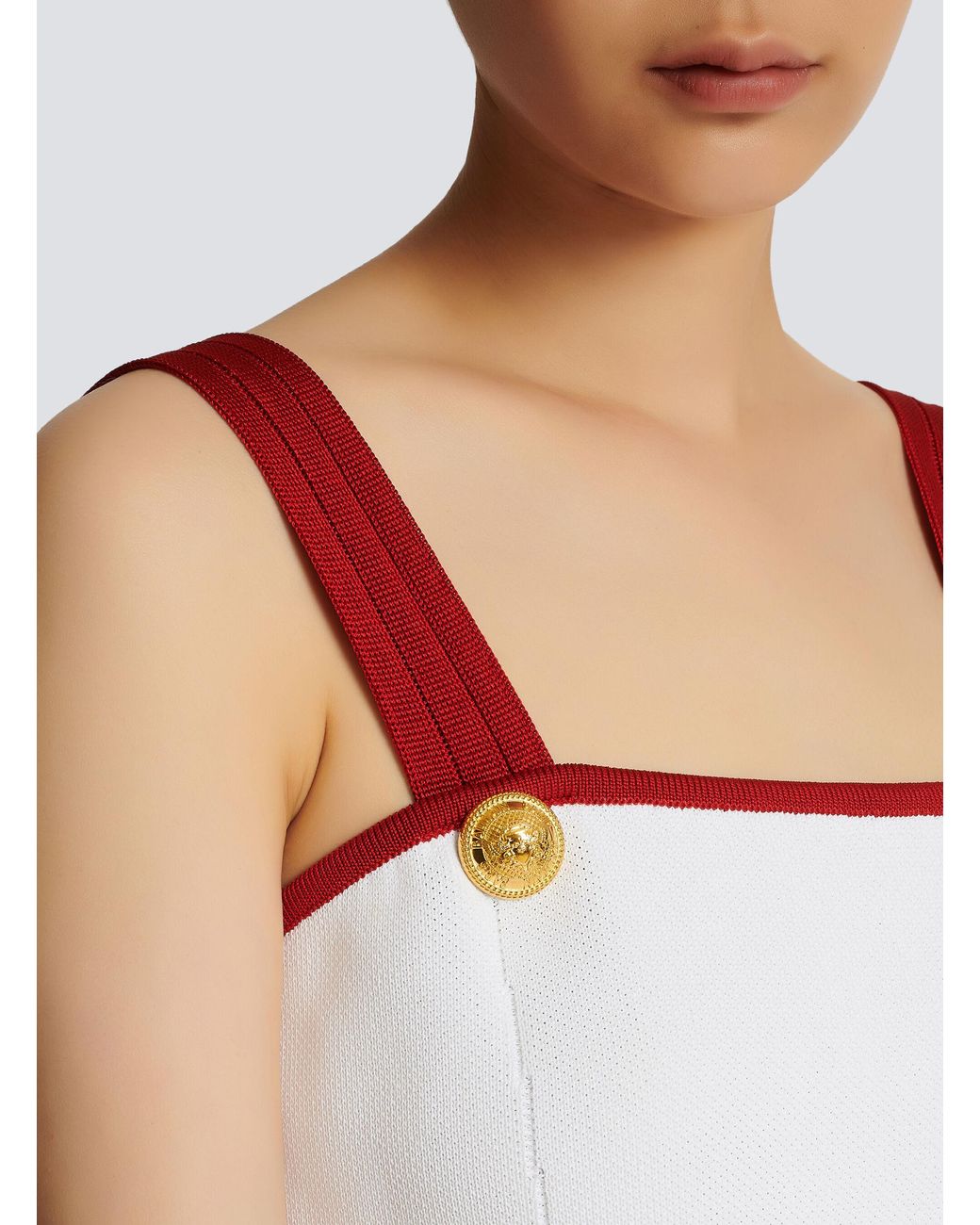 Balmain Red Knit Crop Top With-Tone Buttons