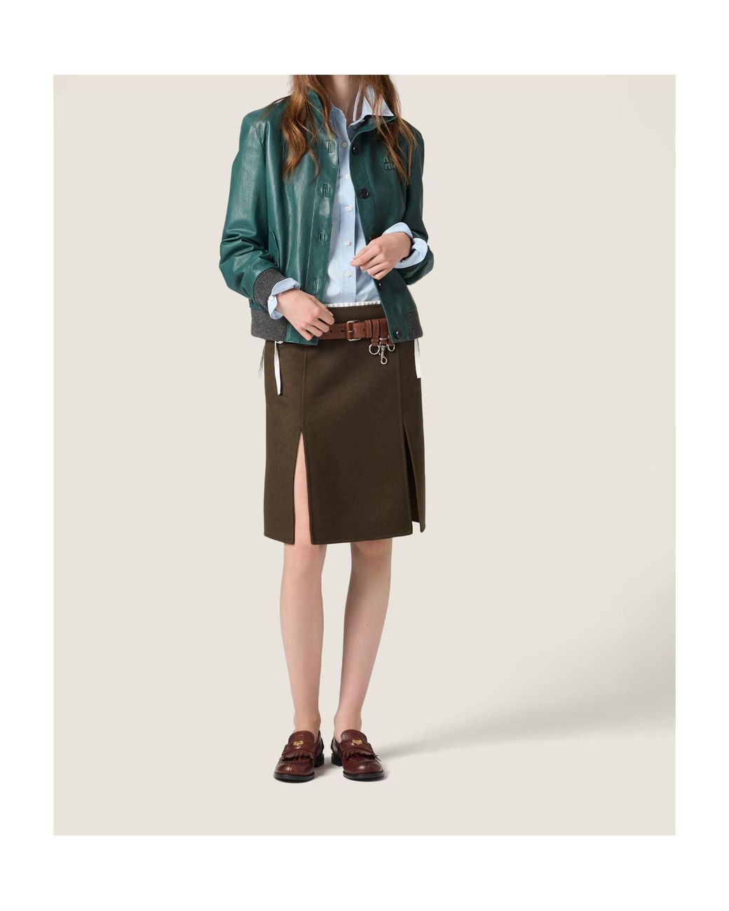Miu Miu Green Long-Sleeved Leather Jacket
