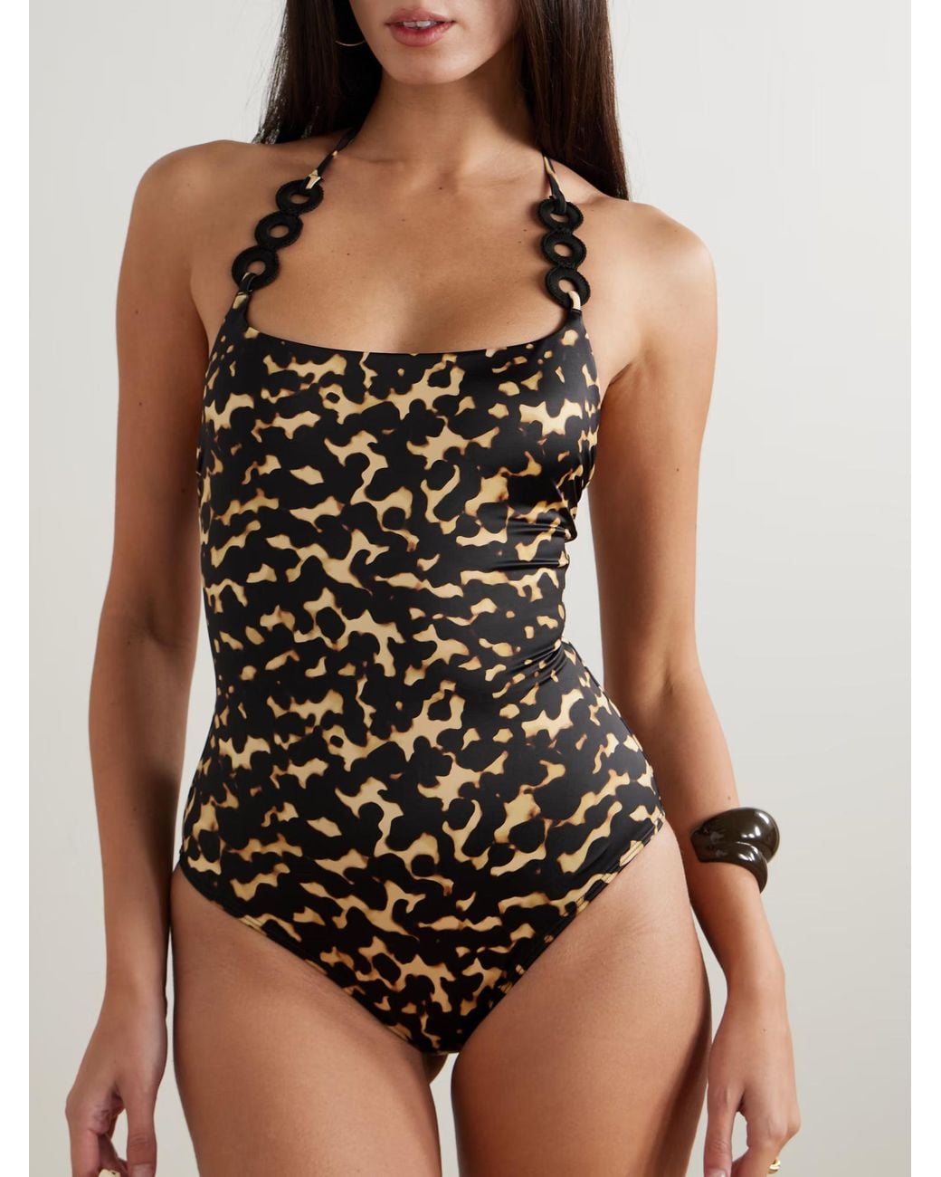 Staud Black Laird Embellished Printed Backless Swimsuit