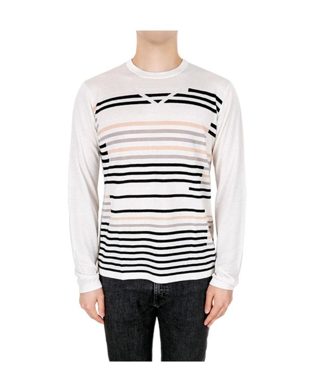 Armani Collezioni White Striped Pullover Round Neck Sweater for men