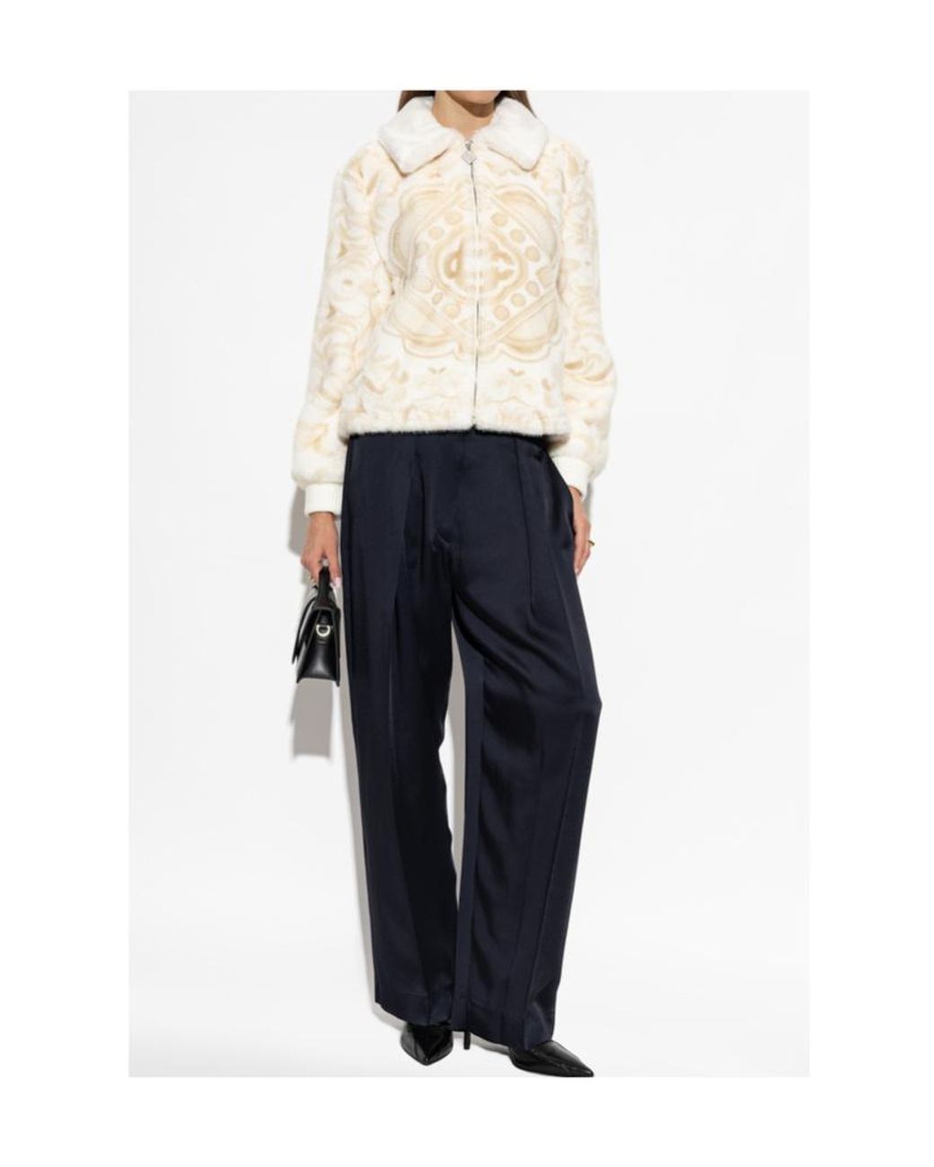 Casablanca Natural Ornate Faux Fur Zip Bomber Jacket