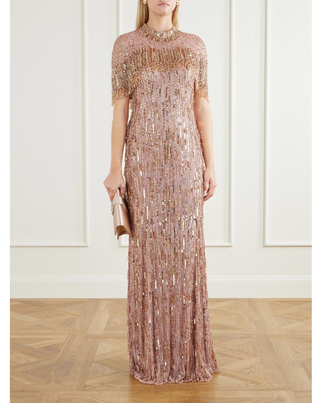 Jenny Packham Multicolor Cape-Detailed Sequin-Embellished Gown