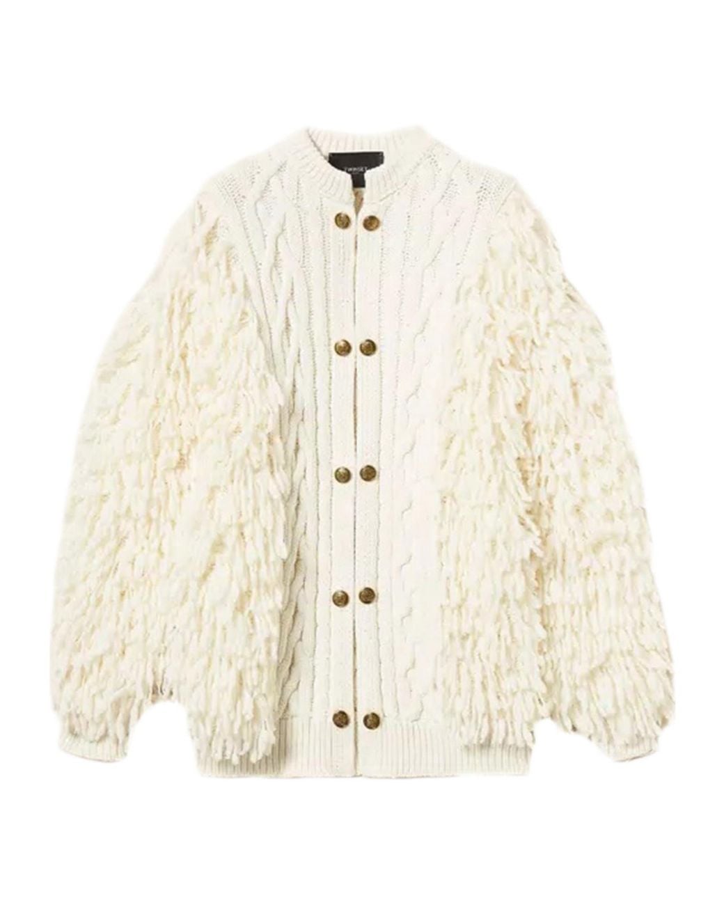 Twinset Natural Cable-Knit Fringed Cardigan