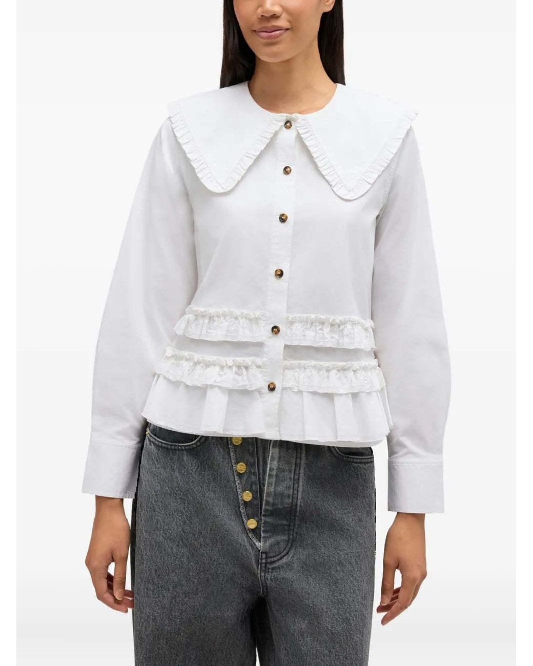 Ganni White Ruffled Long-Sleeved Shirt