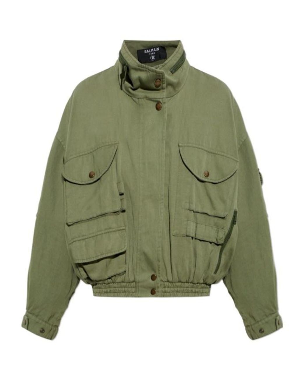 Balmain Green Cropped Twill Bomber Jacket