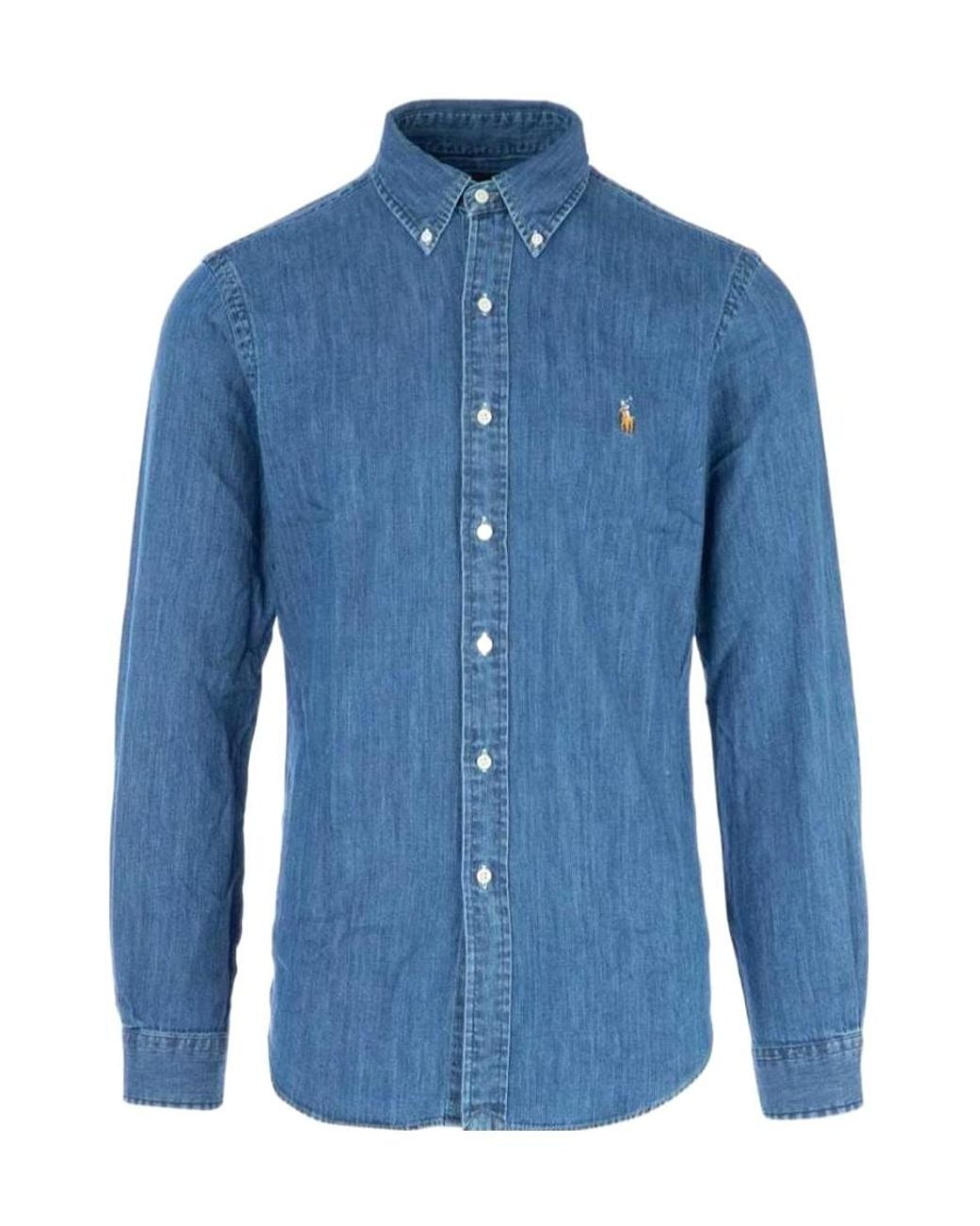 Ralph Lauren Blue Polo Logo Embroidered Denim Shirt for men