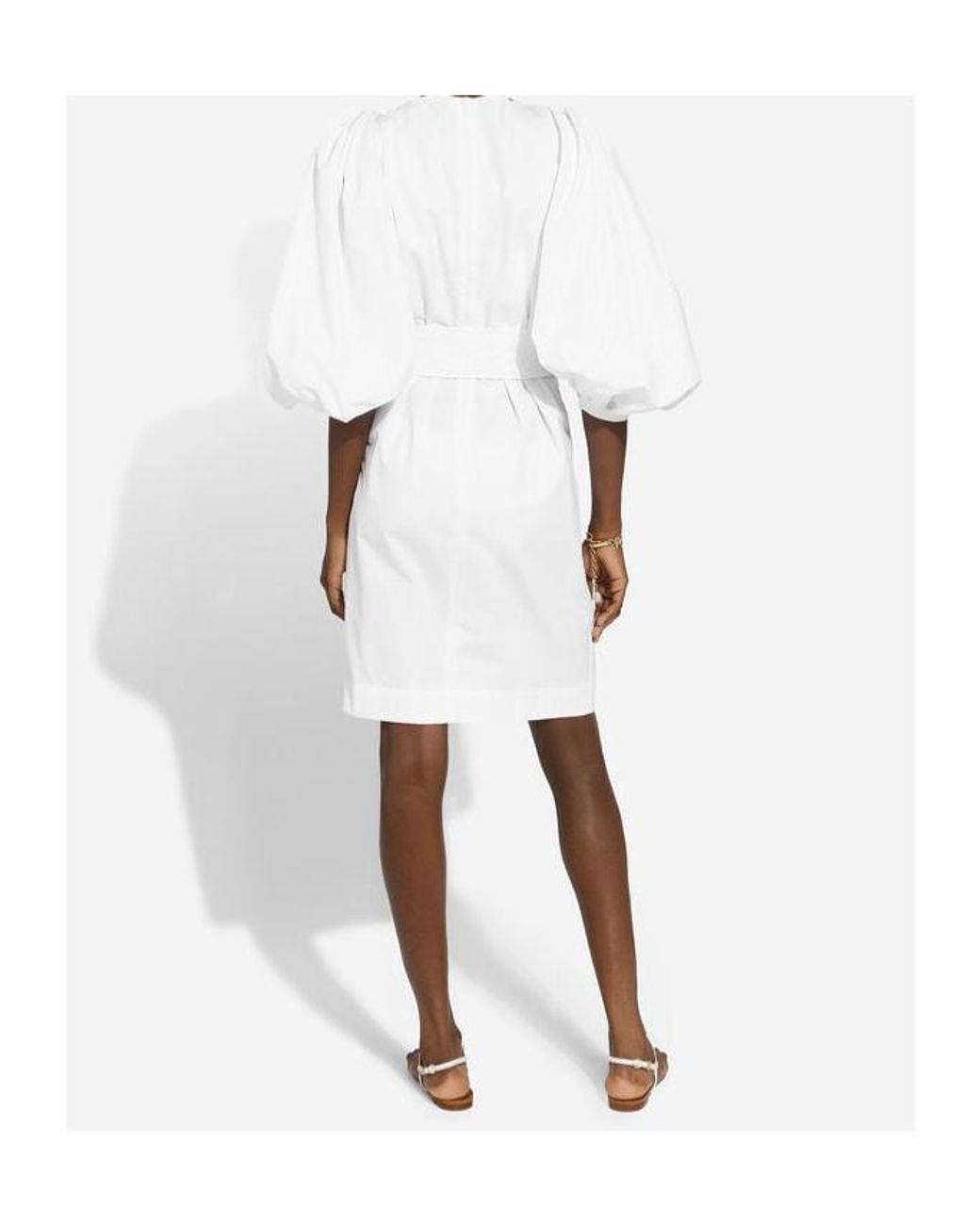 Dolce & Gabbana White Cotton Midi Dress With Puff Sleeves