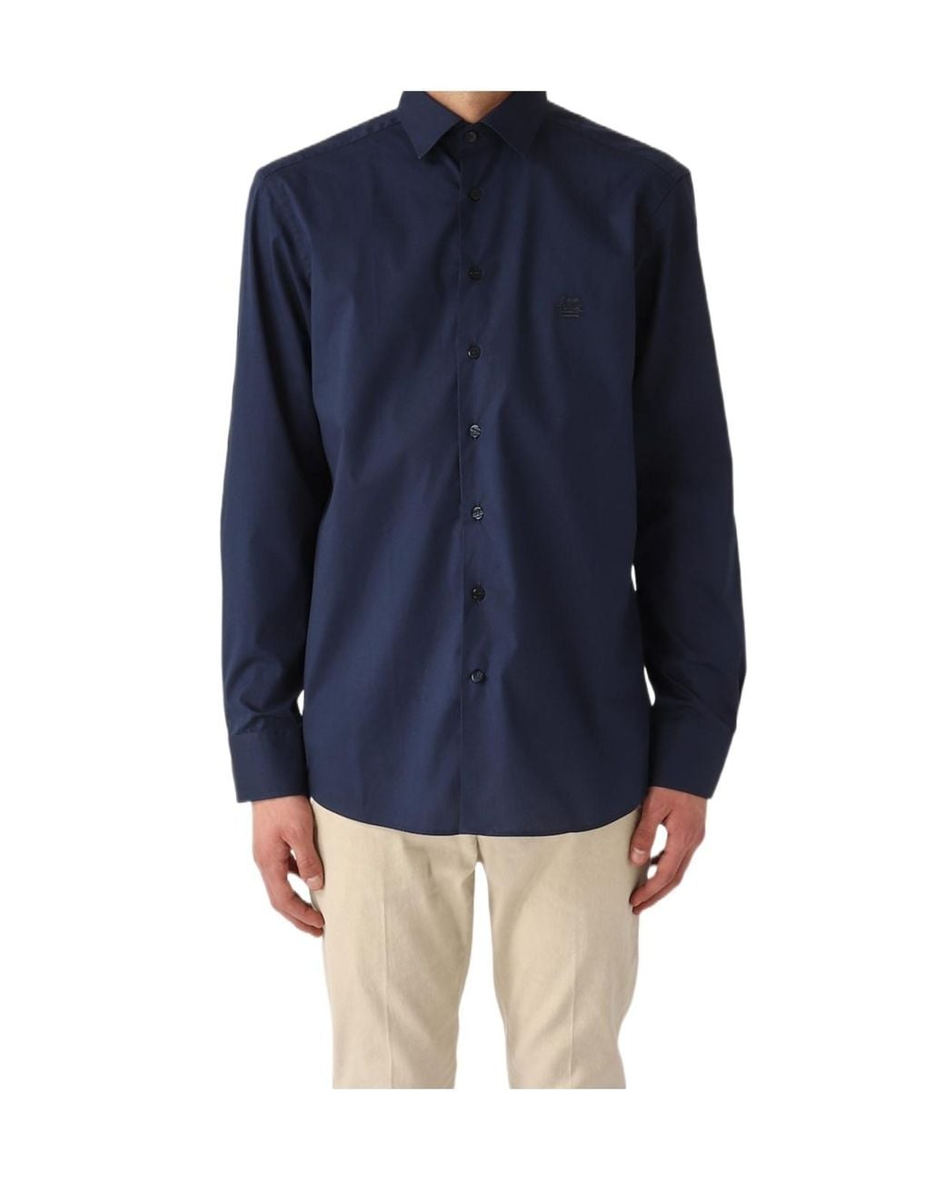 Etro Blue Pegaso Embroidered Buttoned Poplin Shirt for men