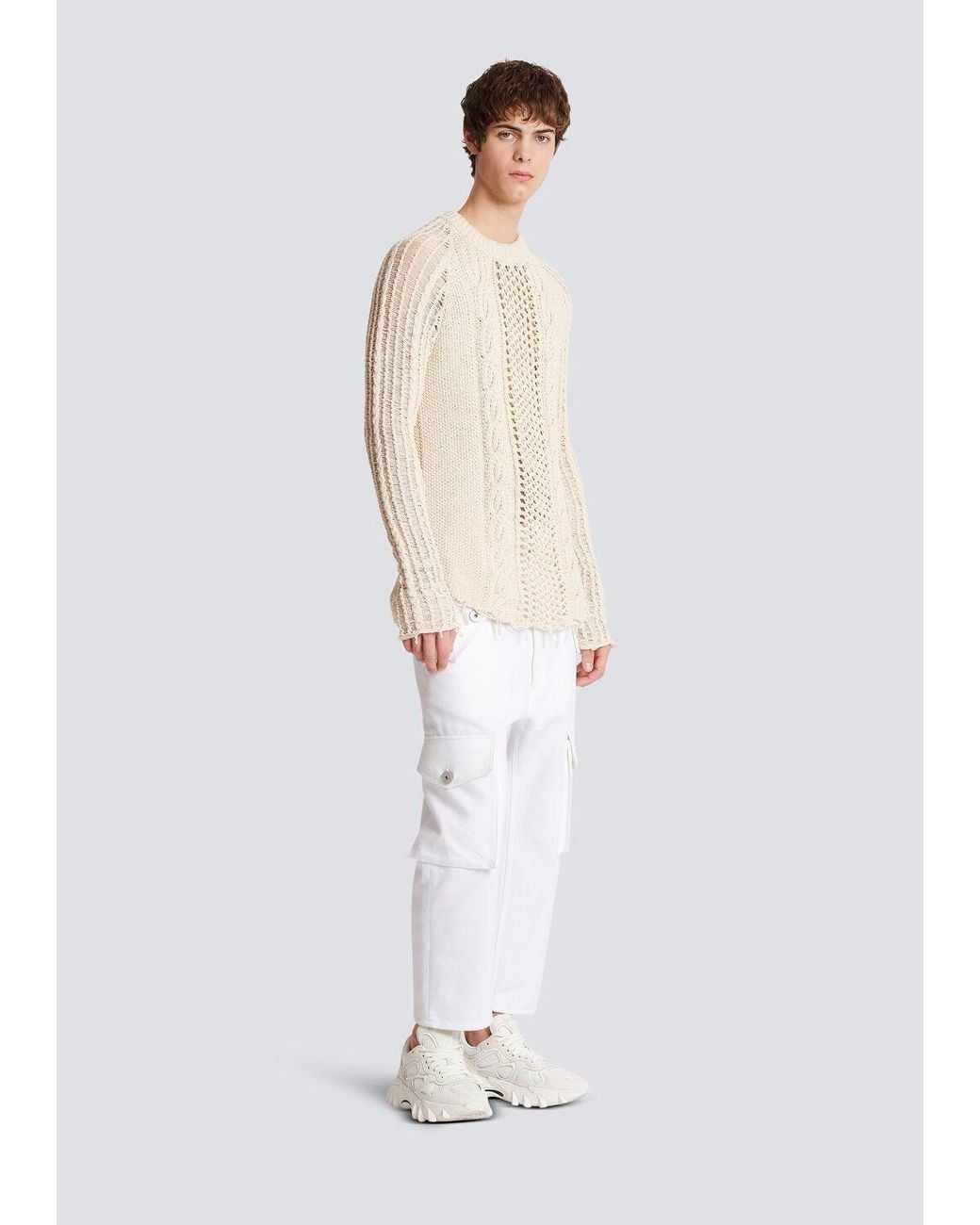 Balmain White Distressed Cable-Knit Jumper for men