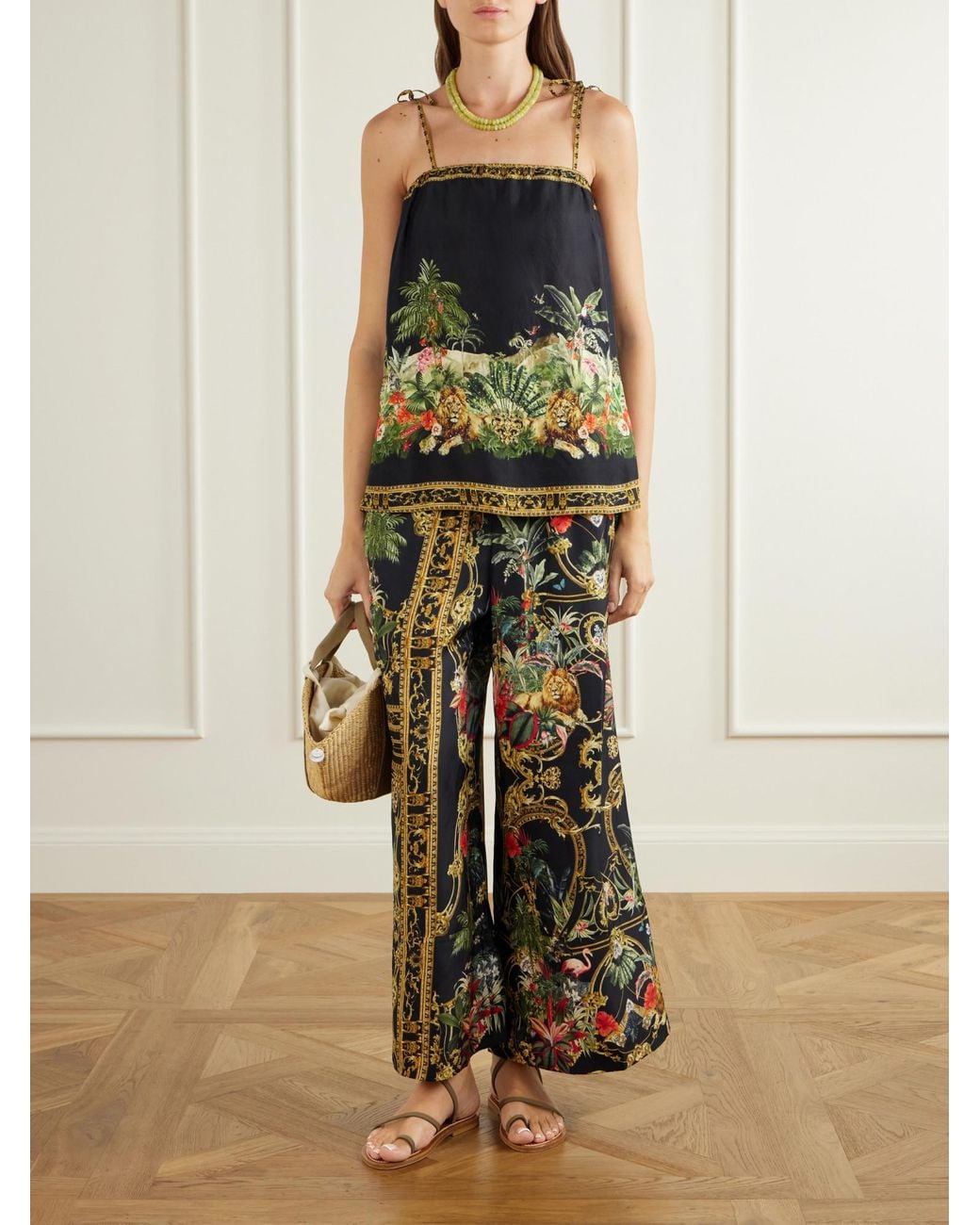Camilla Black Crystal-Embellished Printed Silk-Satin Top