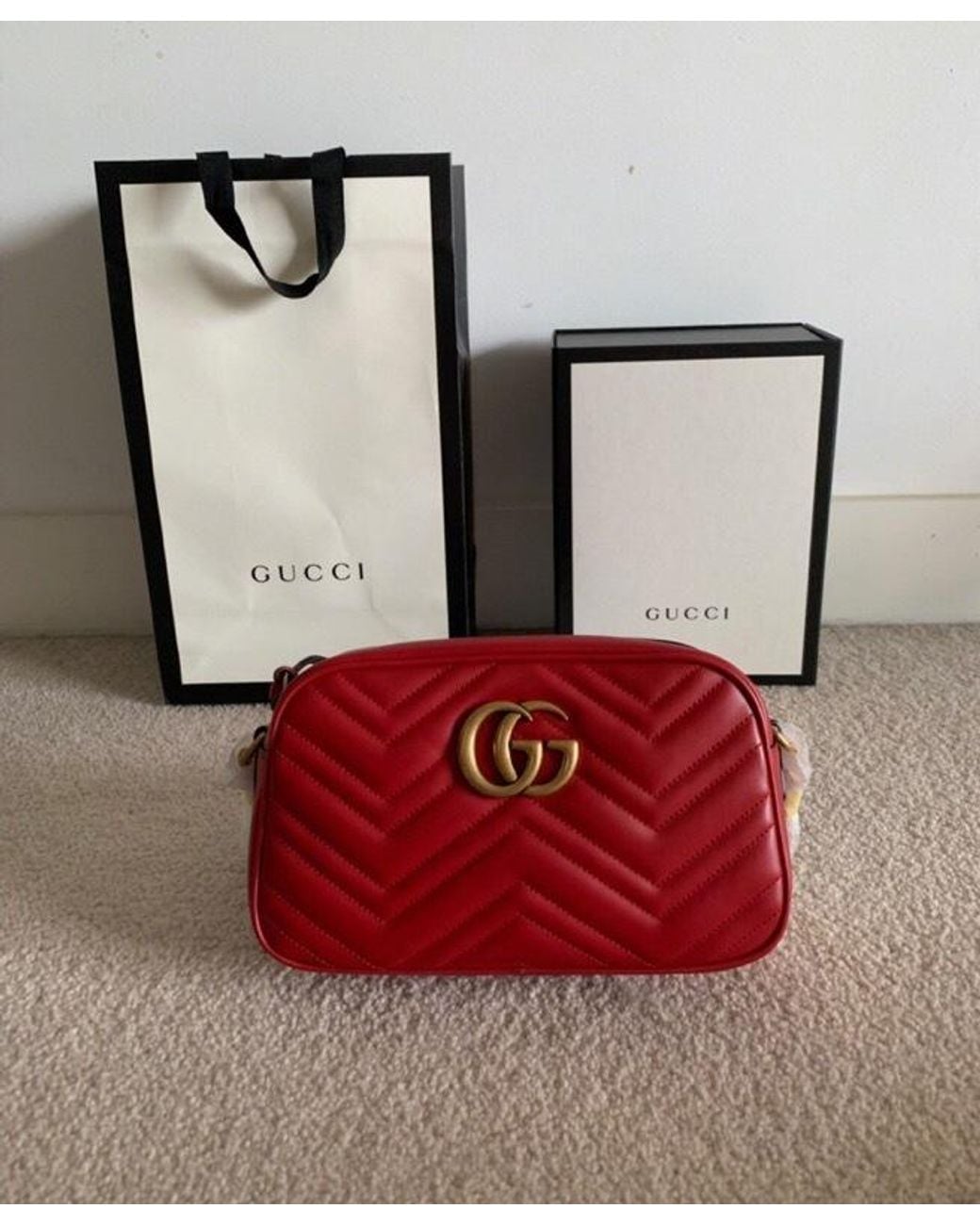 Gucci Red Gg Marmont Small Matelassé Shoulder Bag