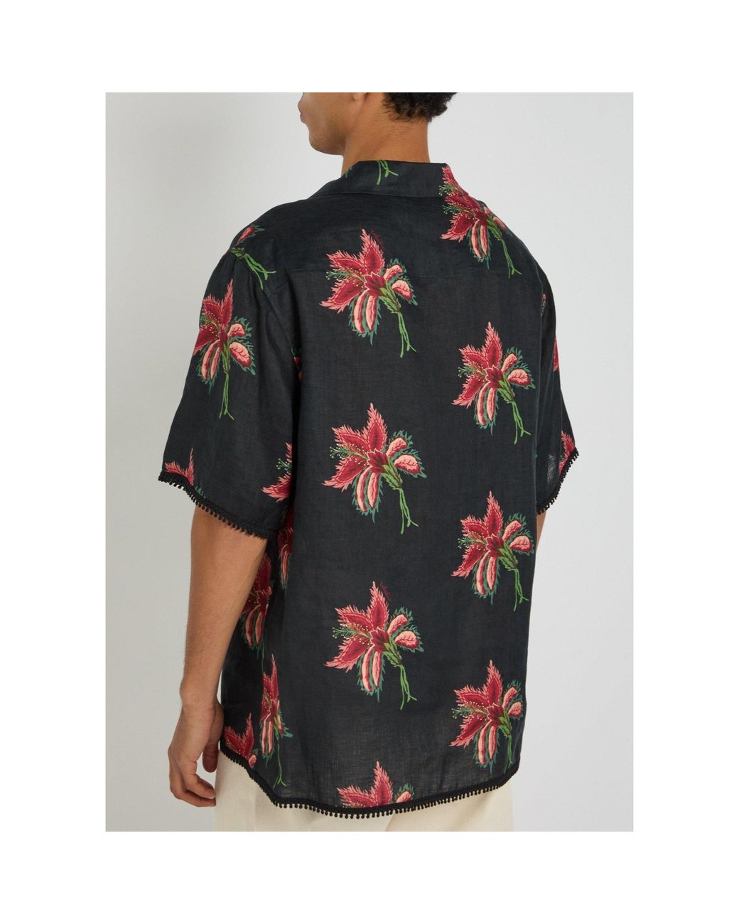 Valentino Black Floral-Print Linen Shirt for men