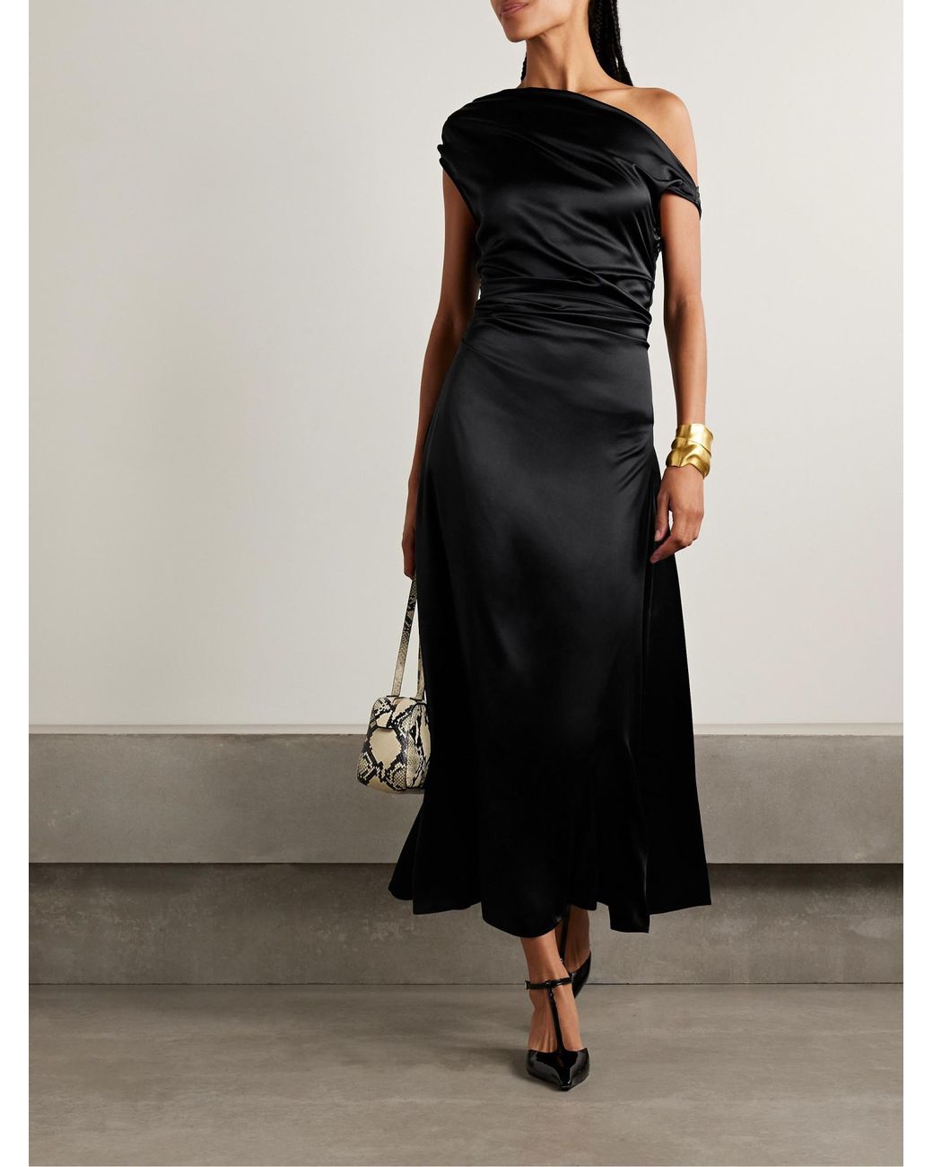 Staud Black Draped Silk-Blend Midi Dress