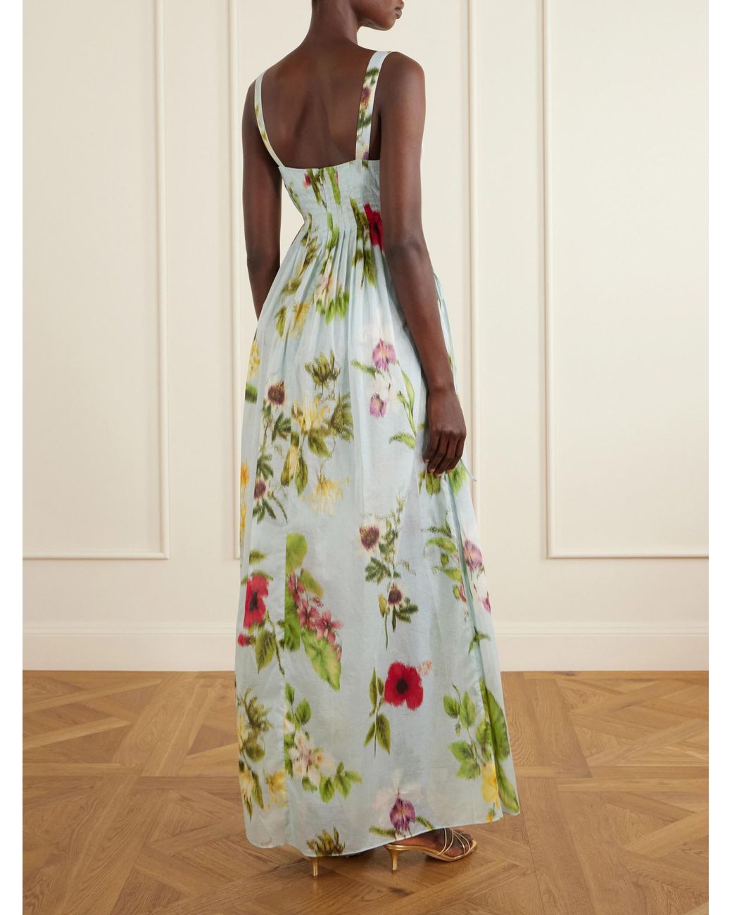 Oscar de la Renta Blue Floral-Printed Cotton-Voile Gown