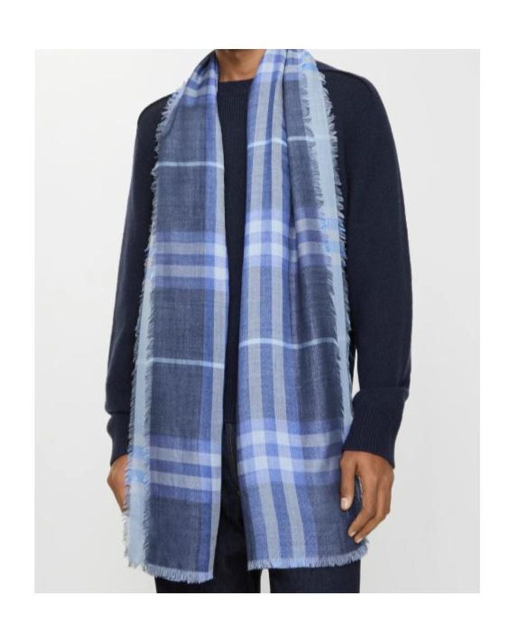 Burberry Blue Reversible Check Fringed Scarf for men