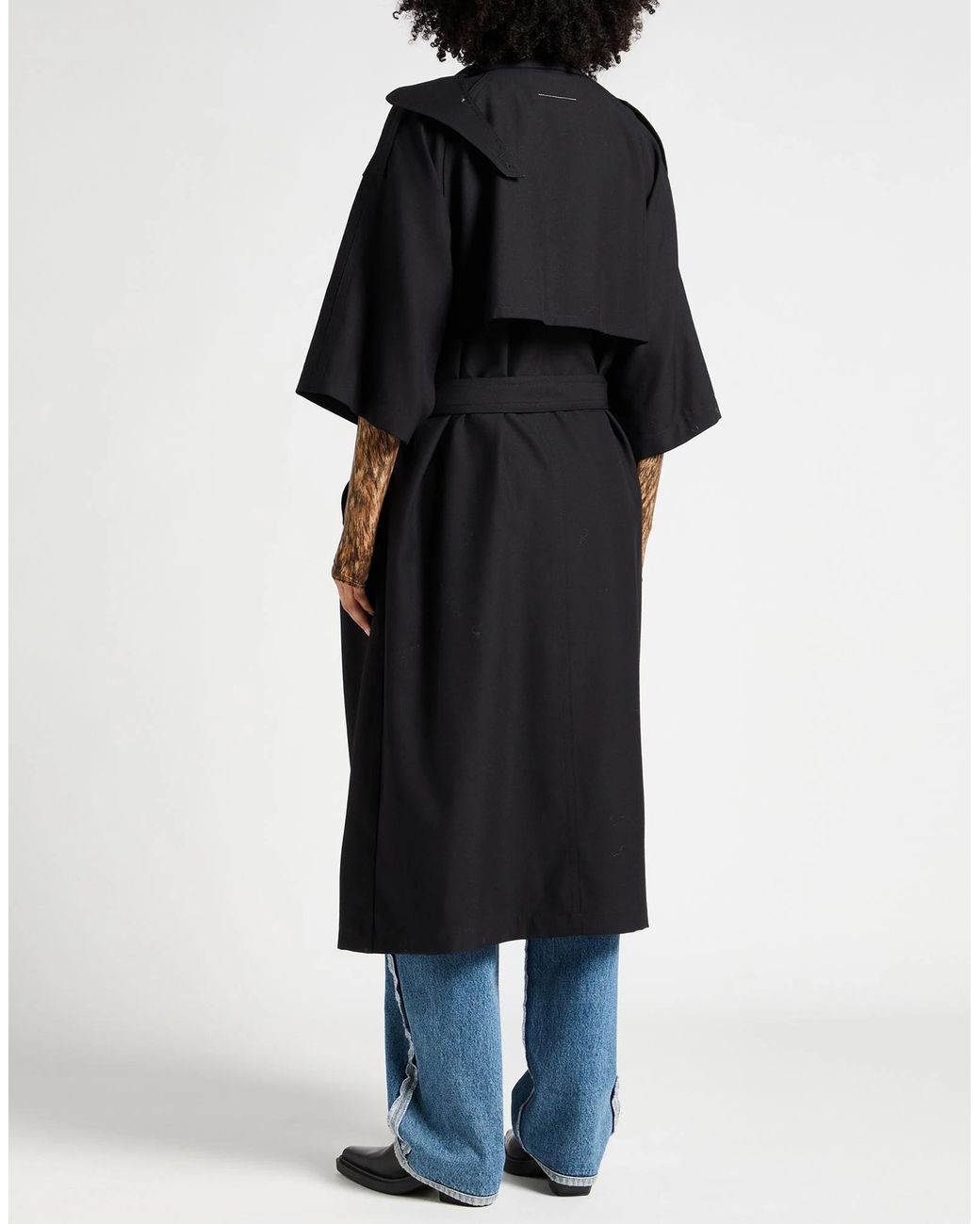 MM6 by Maison Margiela Black Solid-Color Short-Sleeve Wool Trench Coat