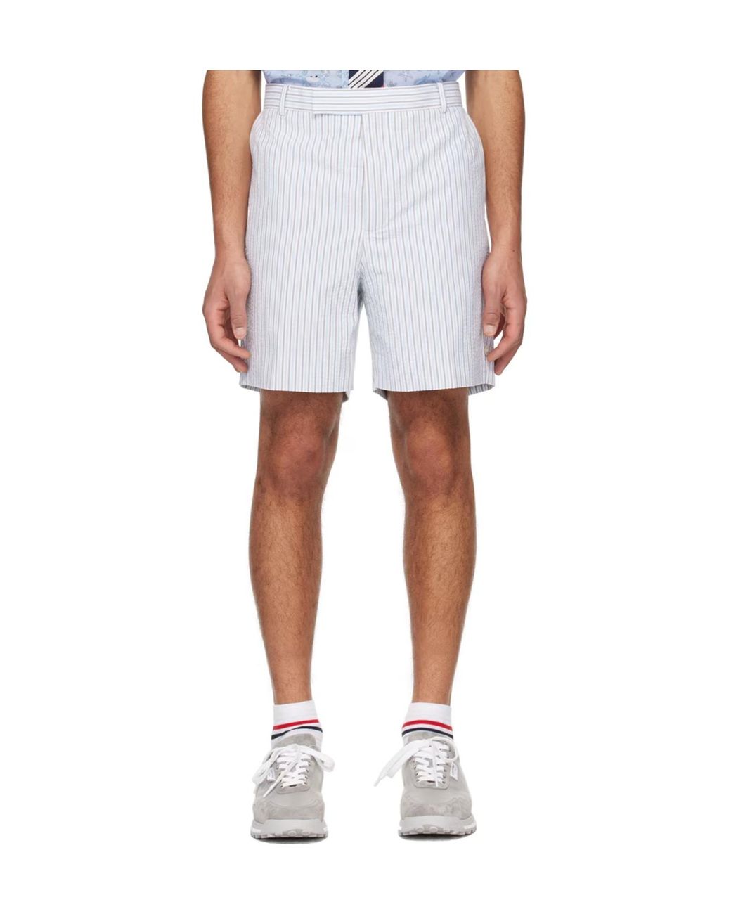 Thom Browne White Logo Tag Striped Seersucker Shorts for men