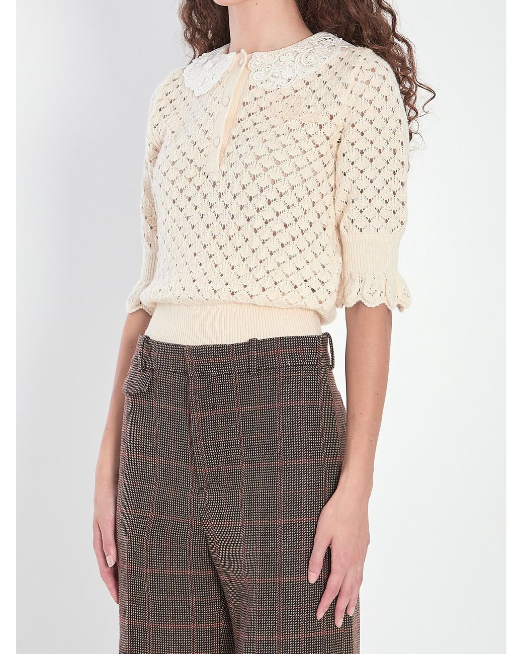 Chloé White Chloé Lace Trimmed Knitted Polo Shirt