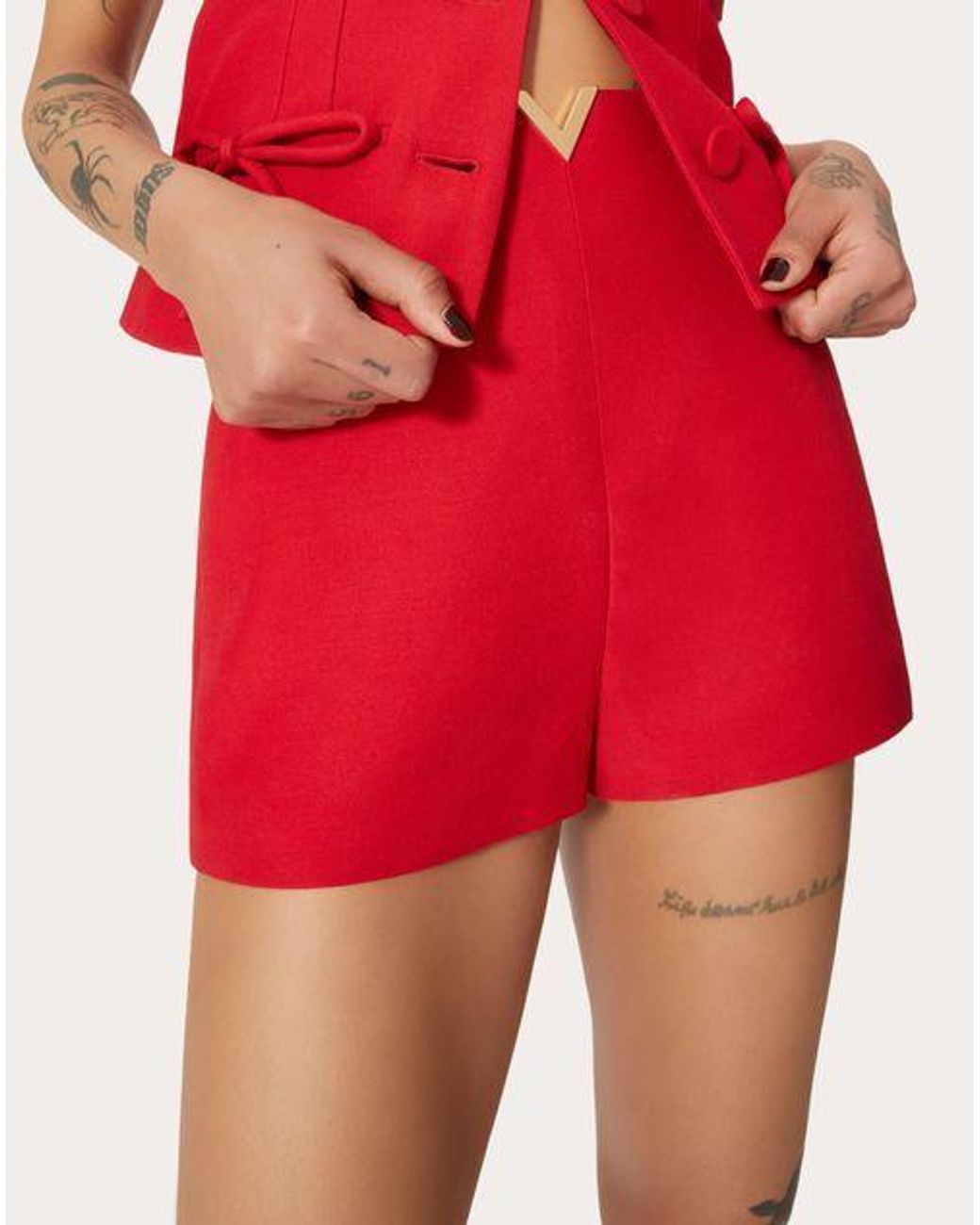 Valentino Red Crepe Couture Logo Plaque Shorts