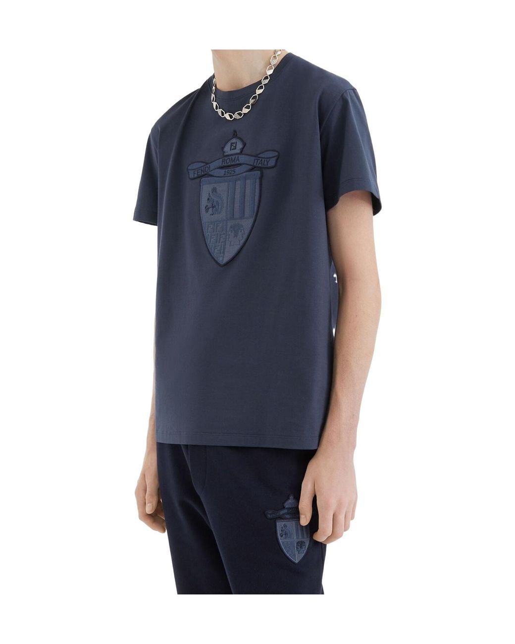 Fendi Blue Crest Embroidered Crewneck T-Shirt for men