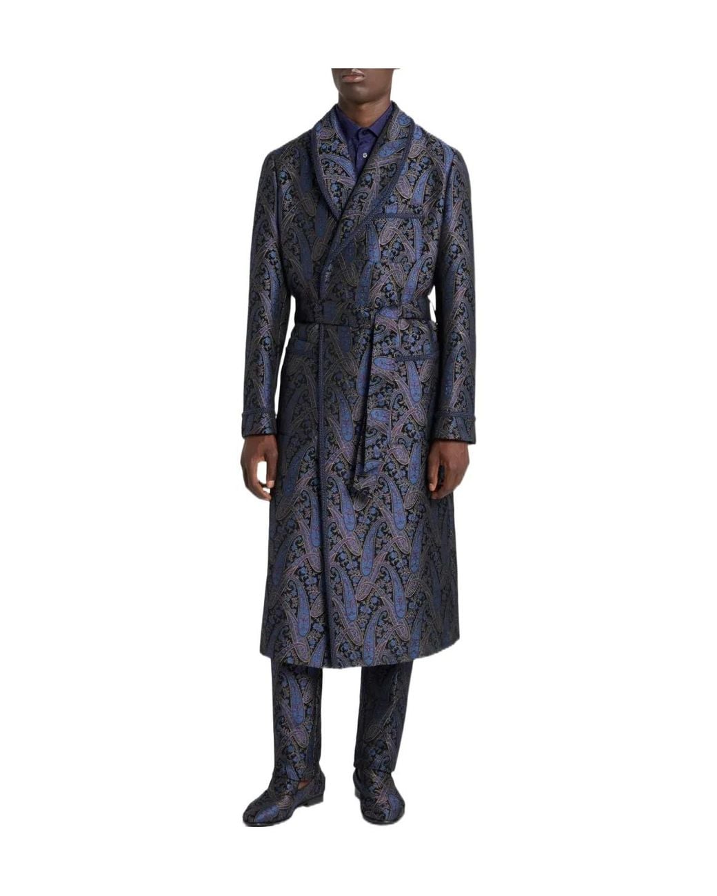 Etro Blue Chenille Jacquard Robe Coat With Metallic Paisley Motif for men