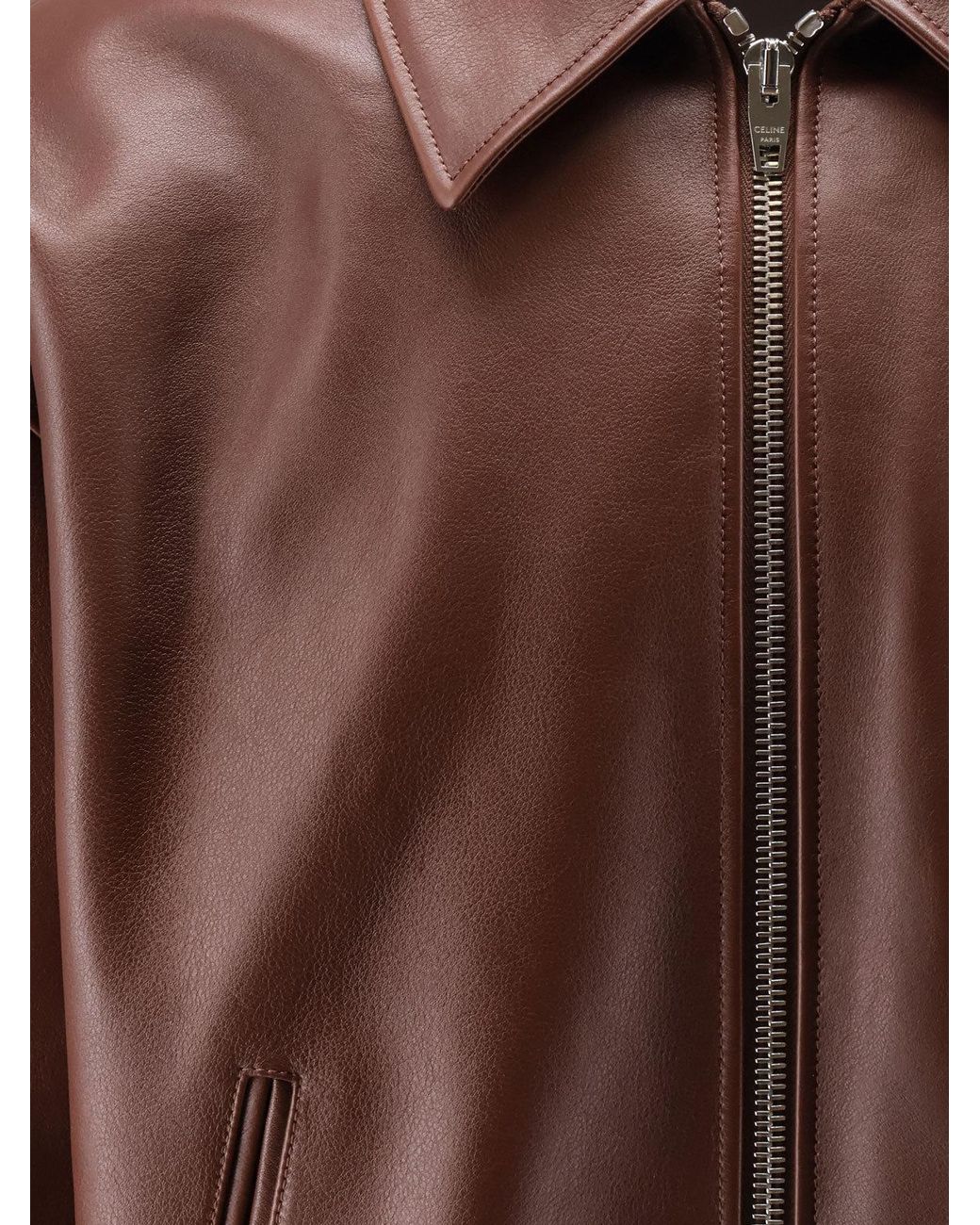 Céline Brown Collared Long-Sleeved Leather Jacket for men