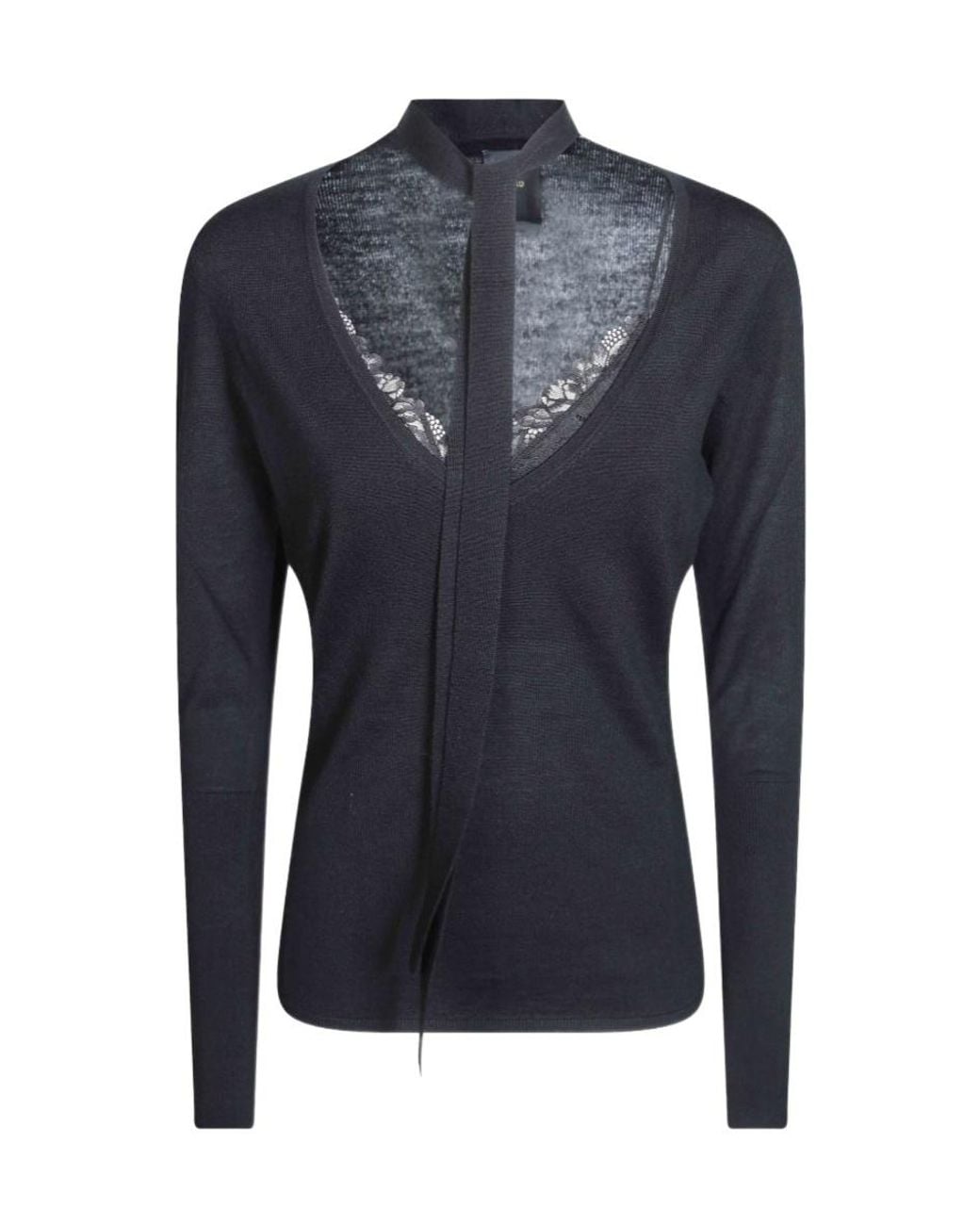 Pinko Blue Lace-Trim Tie-Neck Sweater