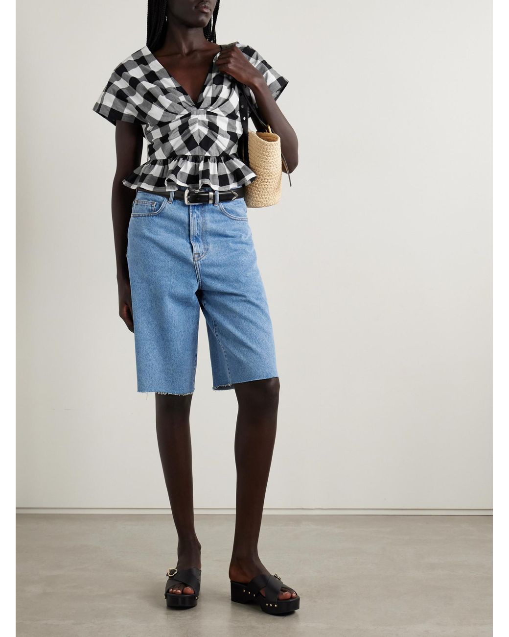 Sea Gray Gathered Gingham Cotton-Poplin Peplum Top