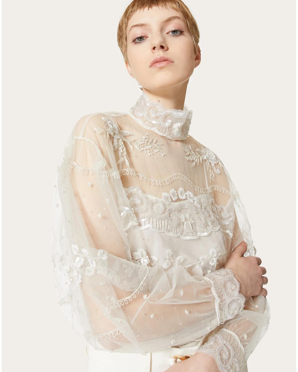 Valentino White Tulle Illusione Embroidered Top