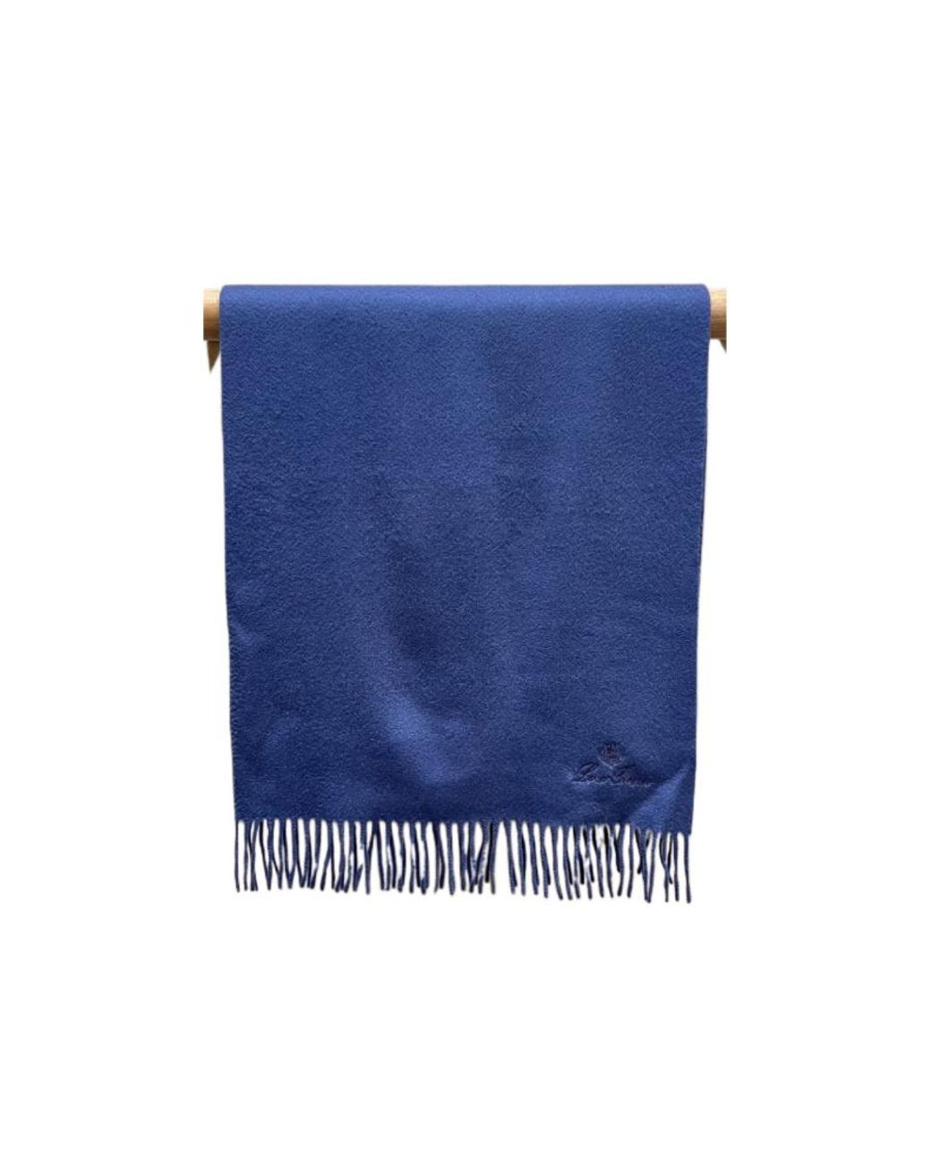 Loro Piana Blue Cashmere Fringed Scarf for men