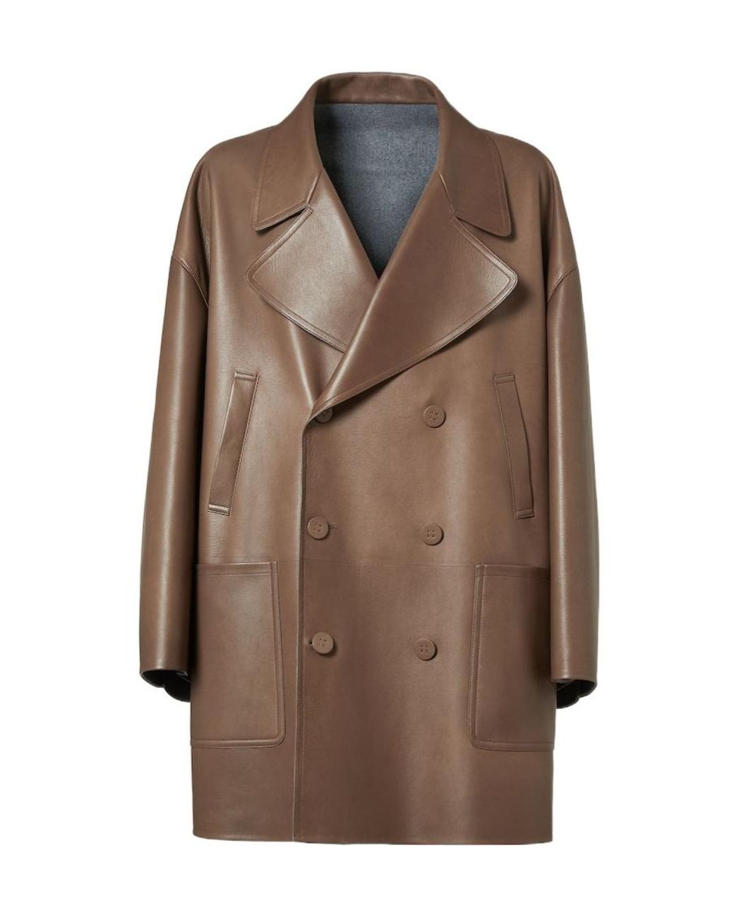 Fendi Brown Double Breasted Leather Pea Coat for men