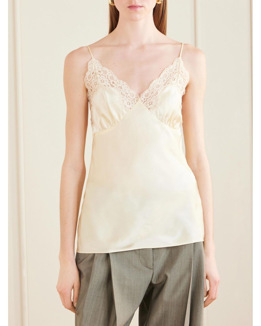 Stella McCartney White Lace-Trimmed Silk-Satin Top