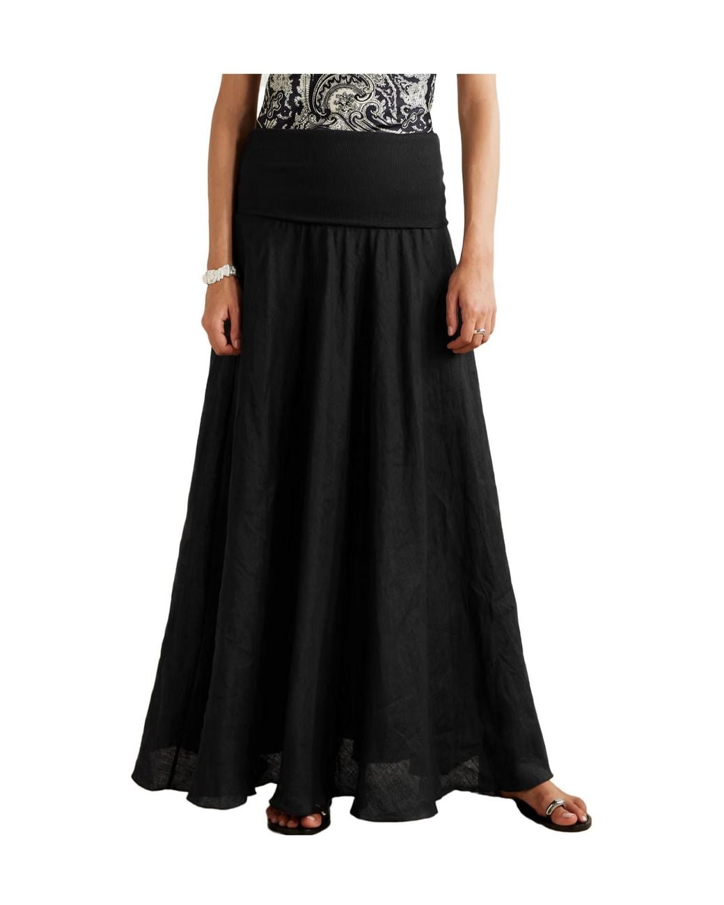Johanna Ortiz Black Linen-Cotton Blend Maxi A-Line Skirt