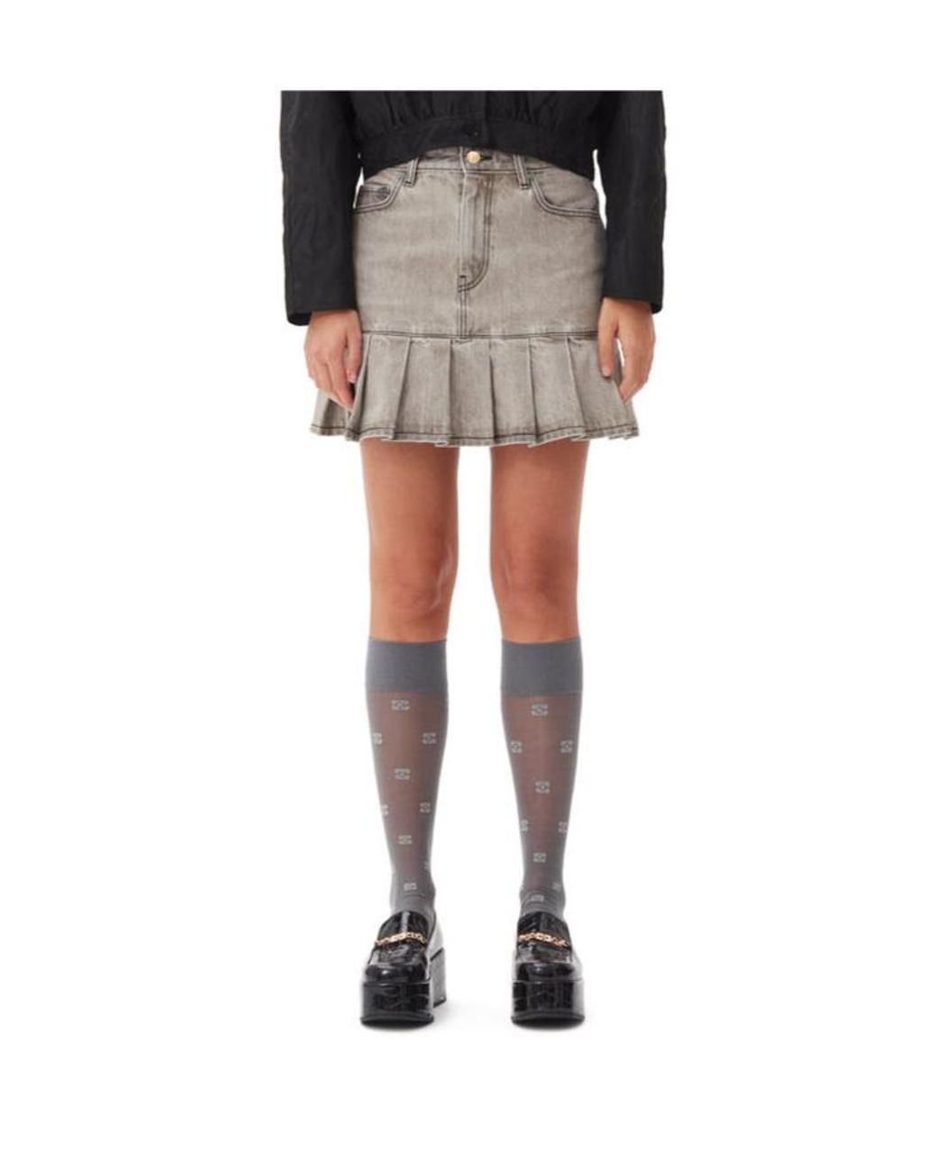 Ganni Gray Future Denim Pleated Mini Skirt