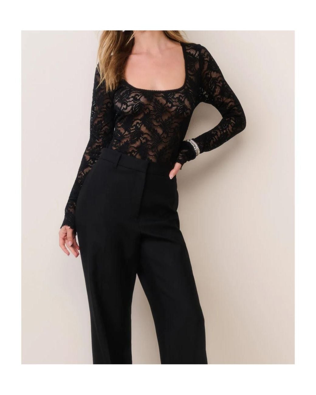 LoveShackFancy Black Jannie Lace Long-Sleeve Bodysuit