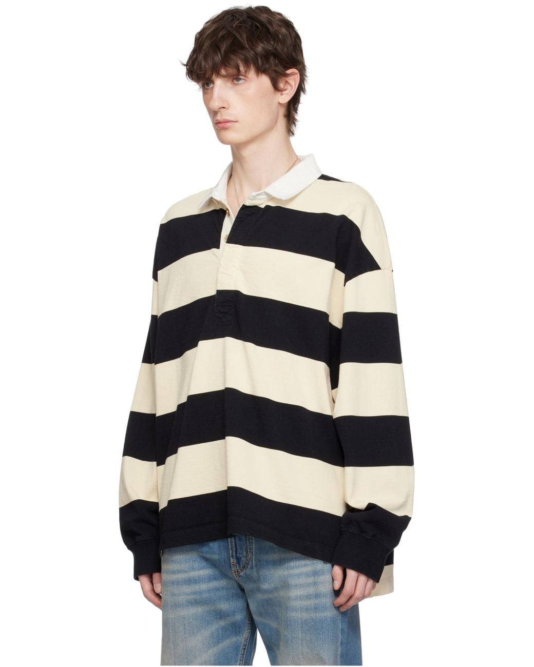 McQueen Black Oversized Striped Polo Shirt for men