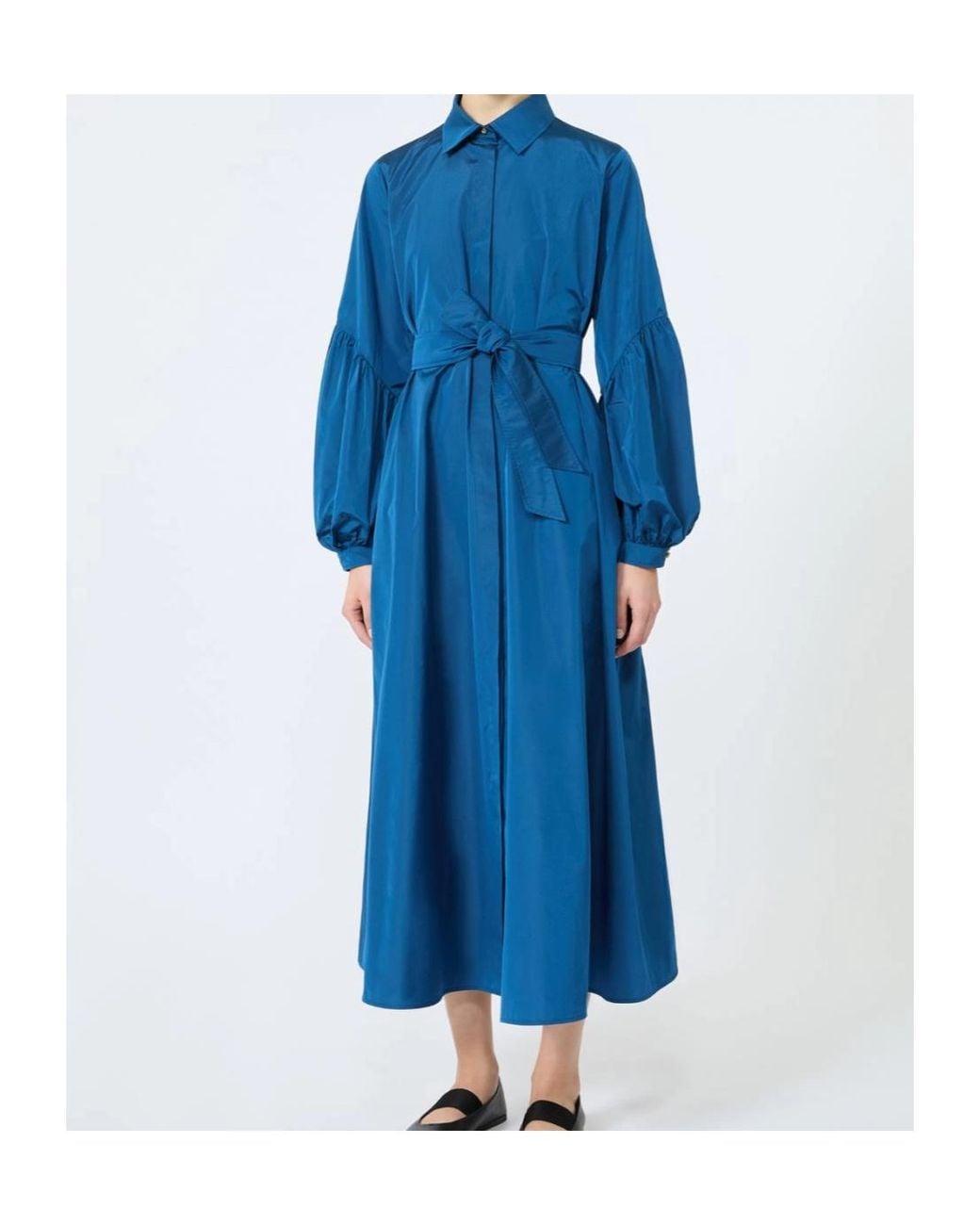 Max Mara Blue Belted Balloon-Sleeve Midi Dress
