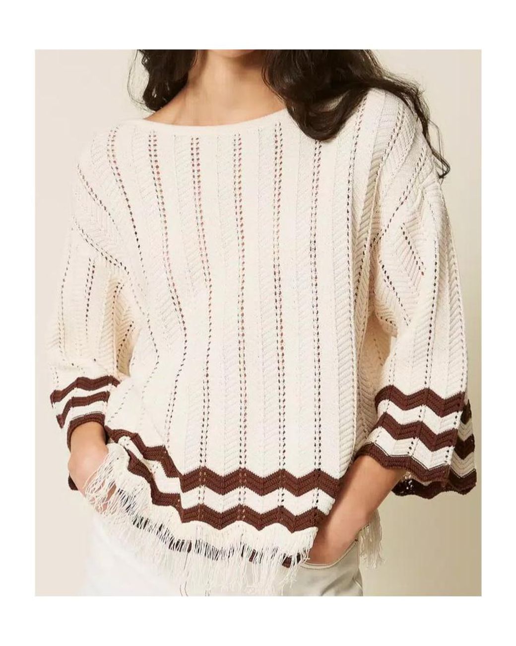 Twinset White Zig-Zag Detail And Fringes Jumper