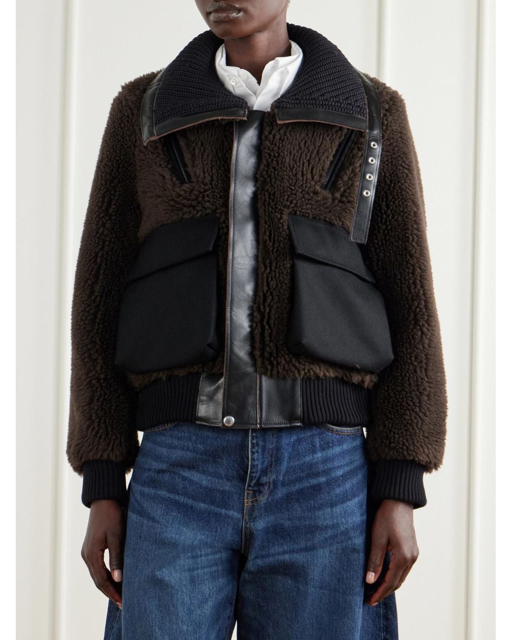 Sacai Black Cropped Shearling-Effect Jacket